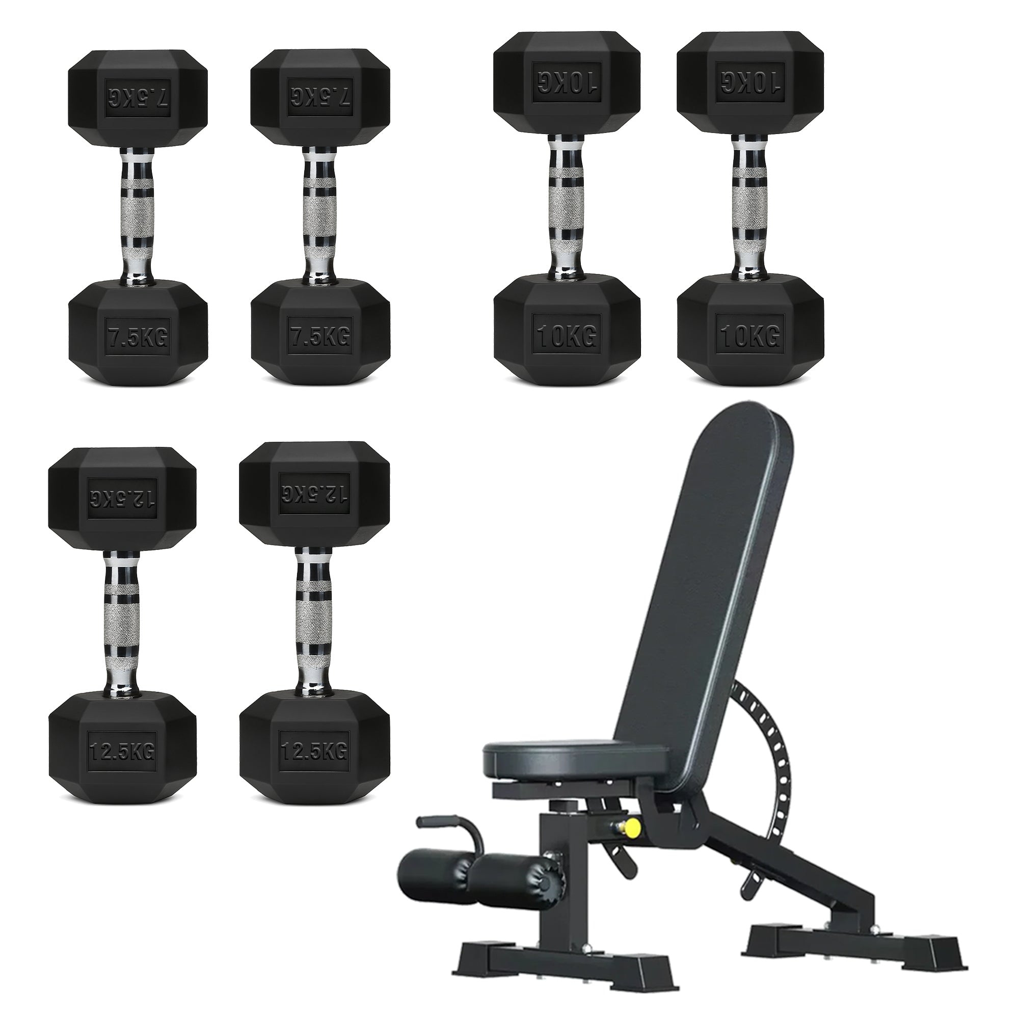 Hex Dumbbell Set with 3-Tier Tree Rack & Optional Bench – Rubber Coated Anti-Roll Weights for Home Gym