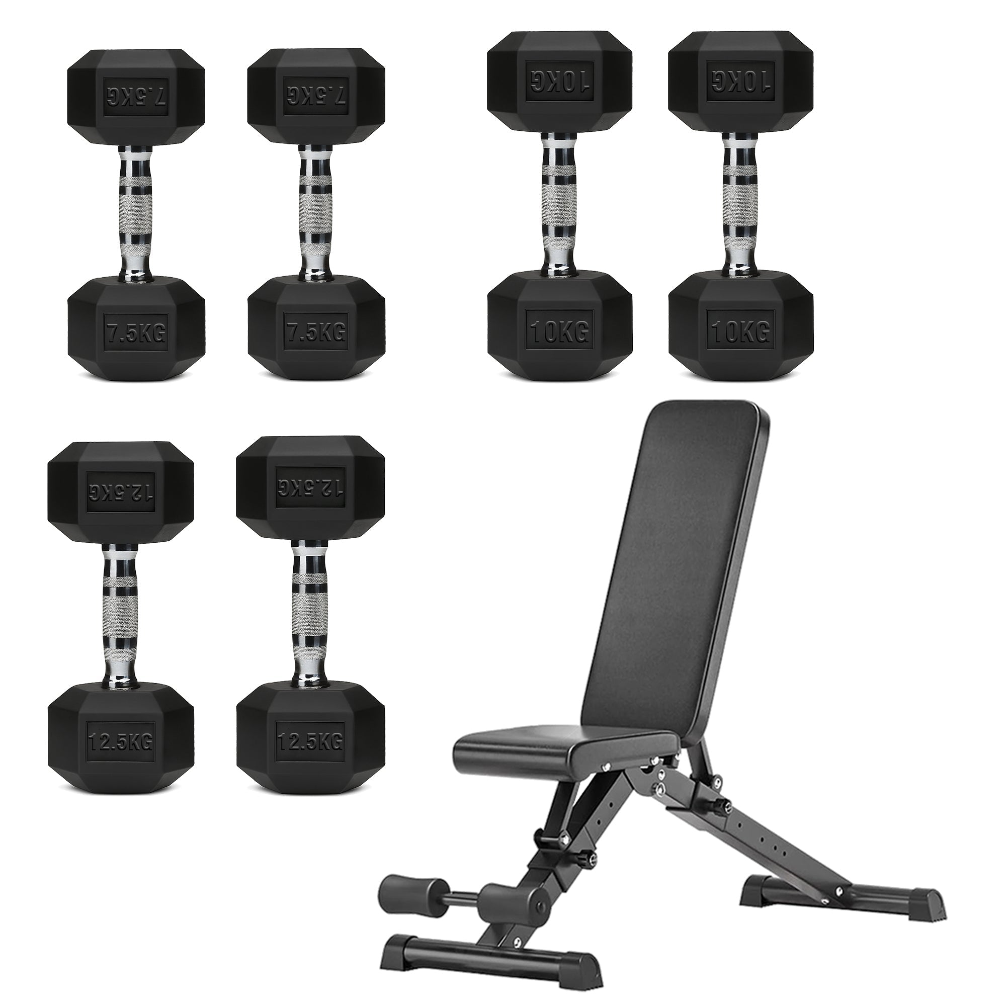 Hex Dumbbell Set with 3-Tier Tree Rack & Optional Bench – Rubber Coated Anti-Roll Weights for Home Gym