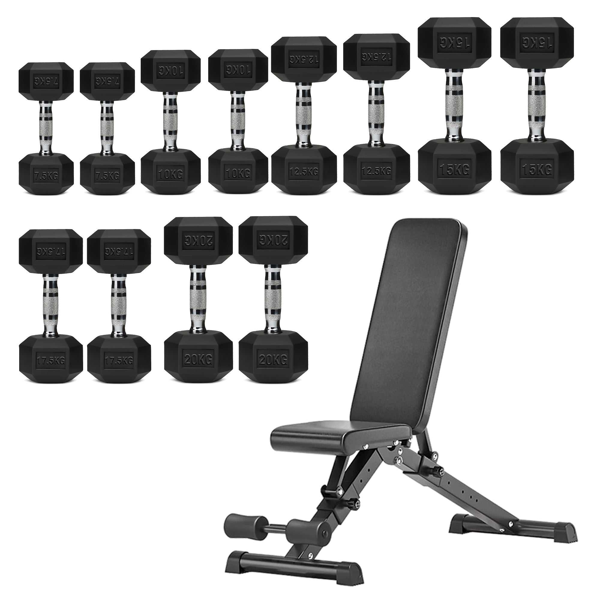 Hex Dumbbells 6 Tier Rack with or without Weights & Bench – Vertical Dumbbell Storage Stand for Home Gym (2.5kg–30kg)