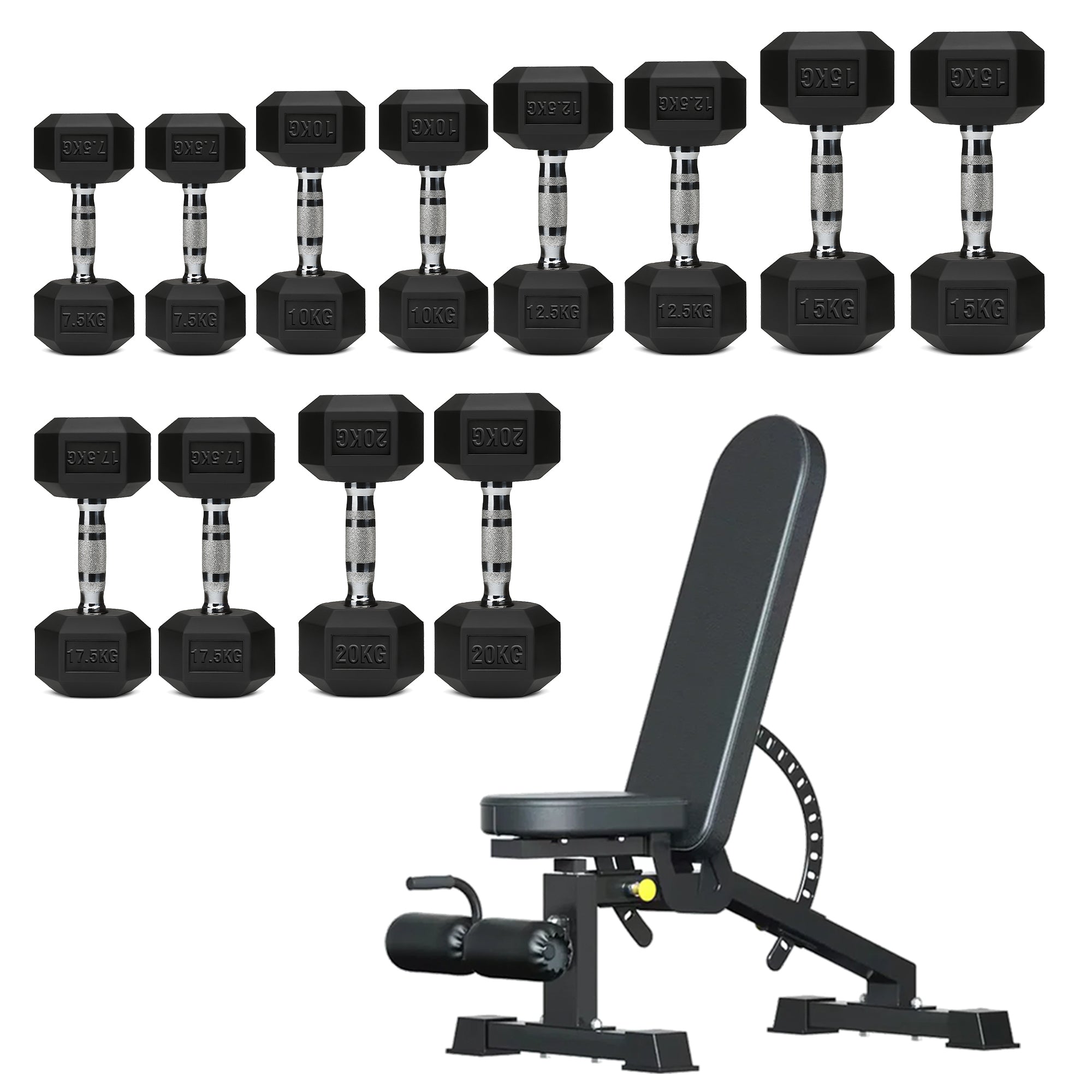 Hex Dumbbells 6 Tier Rack with or without Weights & Bench – Vertical Dumbbell Storage Stand for Home Gym (2.5kg–30kg)