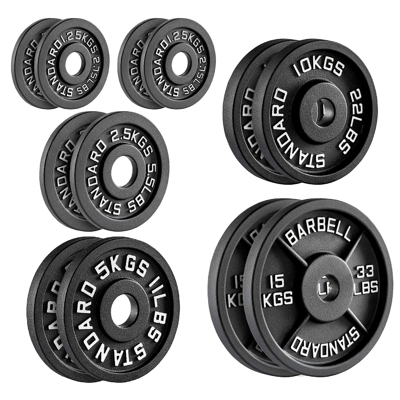 Cast Iron Weight Plates Set and Pair with Olympic Barbell + Clips