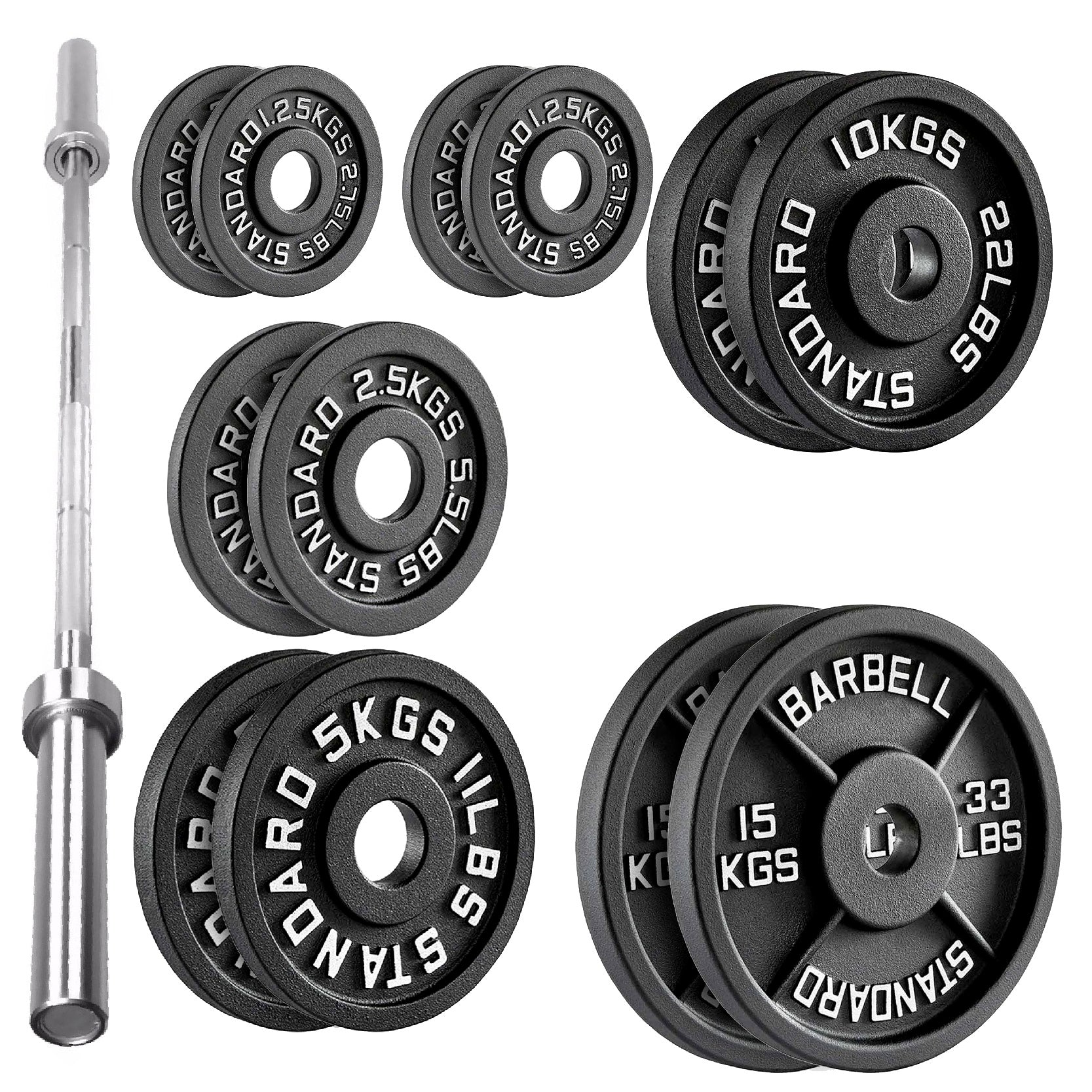 Cast Iron Weight Plates Set and Pair with Olympic Barbell + Clips