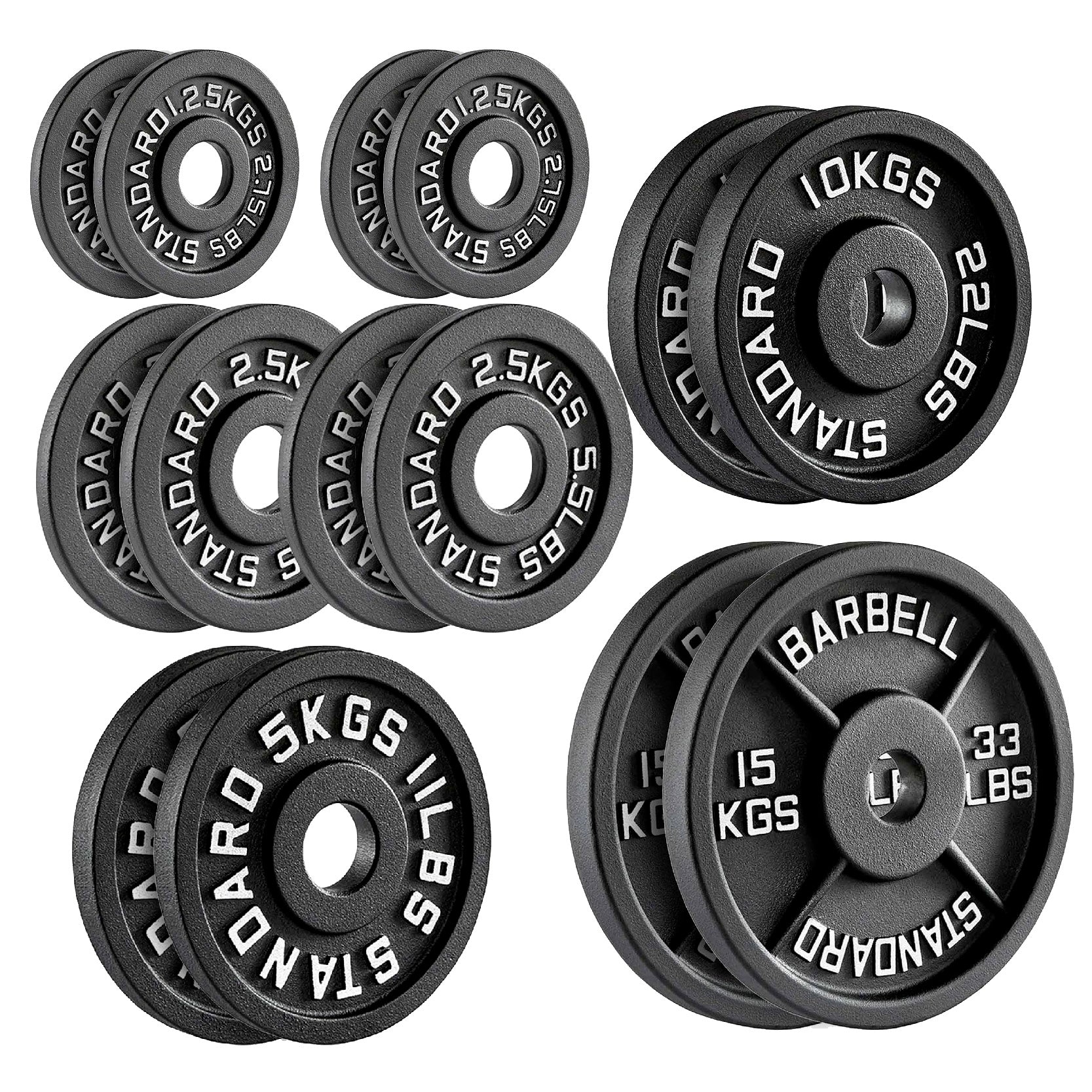 Cast Iron Weight Plates Set and Pair with Olympic Barbell + Clips