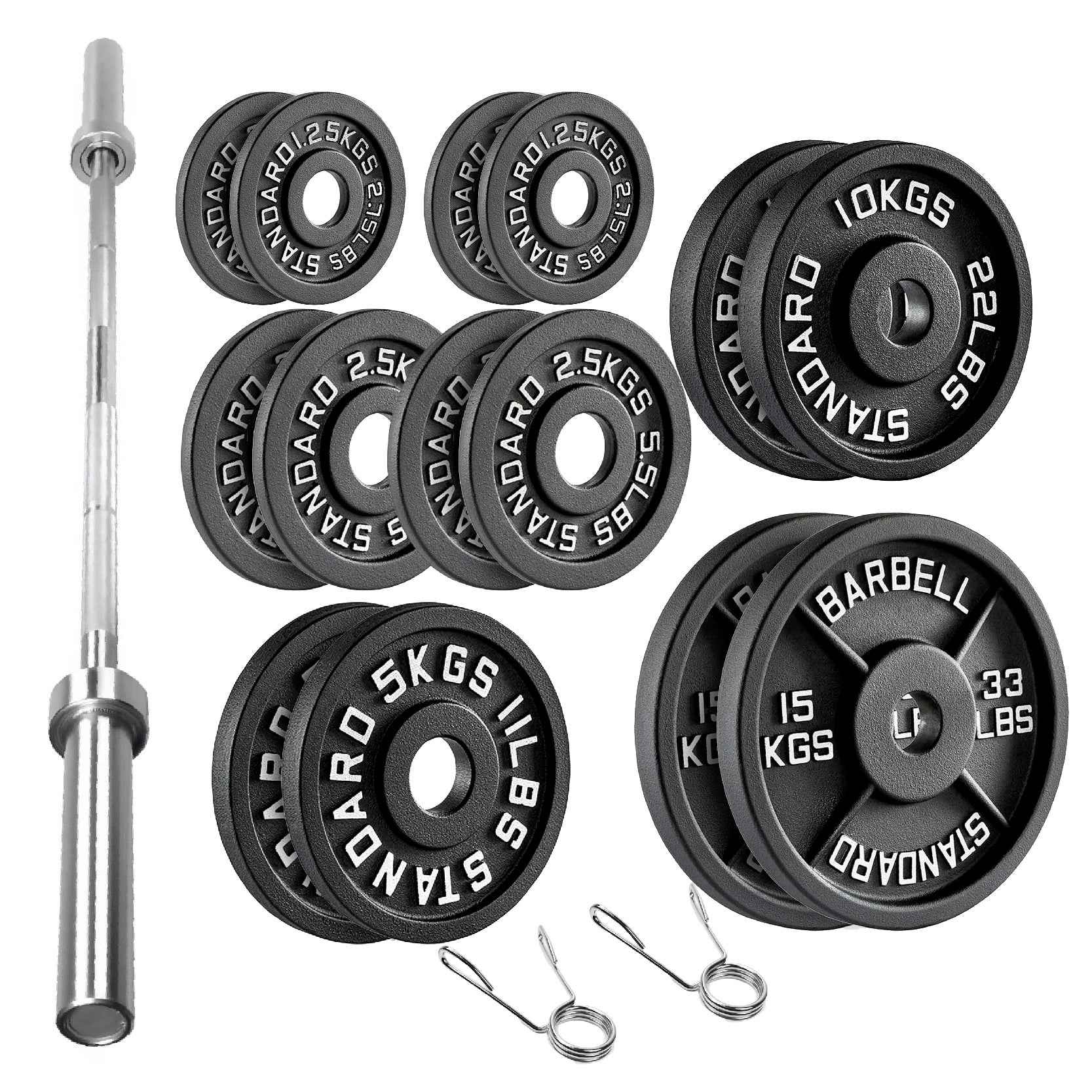 Cast Iron Weight Plates Set and Pair with Olympic Barbell + Clips