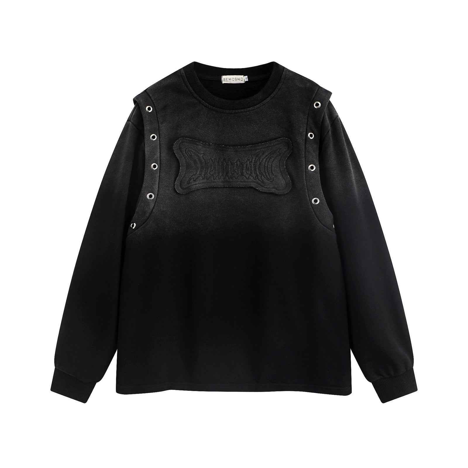High Street Washed Distressed Embroidered Round Neck Sweater