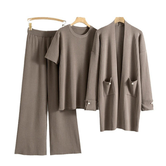 Elegant Knitted Mid-length Cardigan Coat Wide Leg Pants Three-piece Set