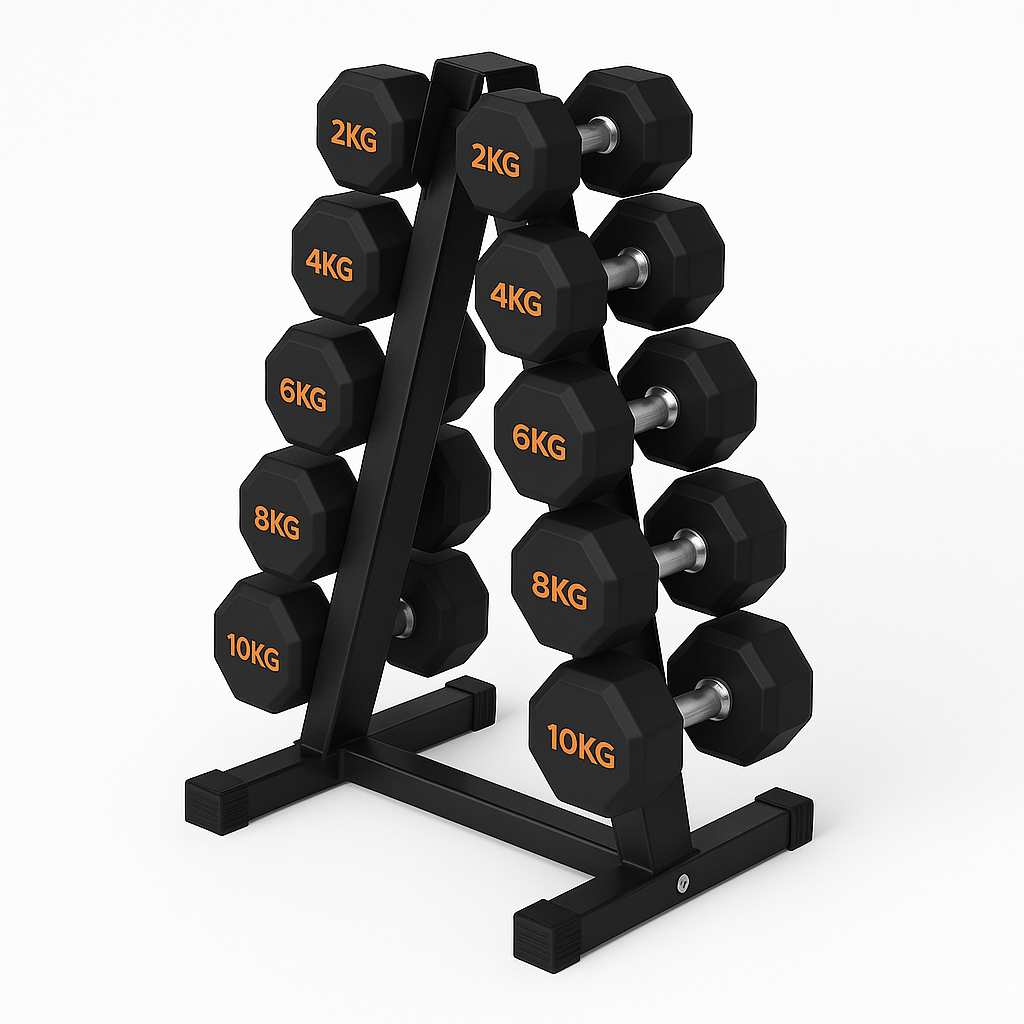 Hex Dumbbells Pairs & Sets (2kg–12kg) – Rubber Coated, Anti-Roll, With & Without Rack for Home Gym