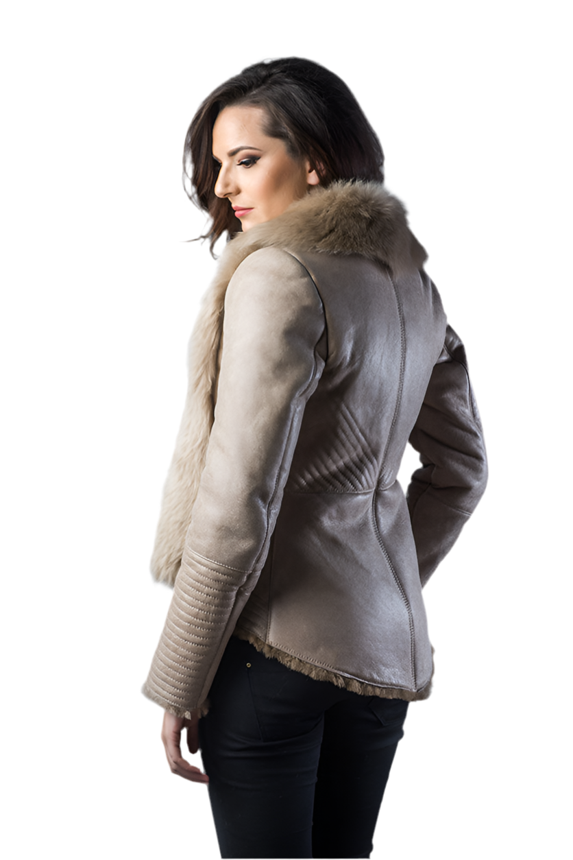 Beige Lamb Nappa Leather Jacket with Merino Fur Collar