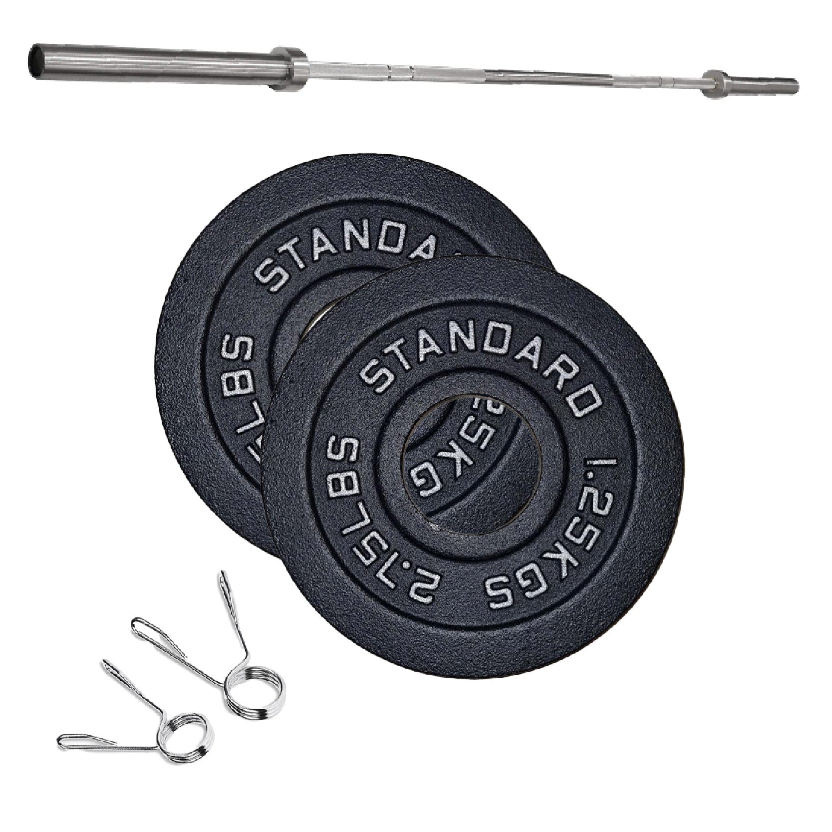 Cast Iron Weight Plates Set and Pair with Olympic Barbell + Clips