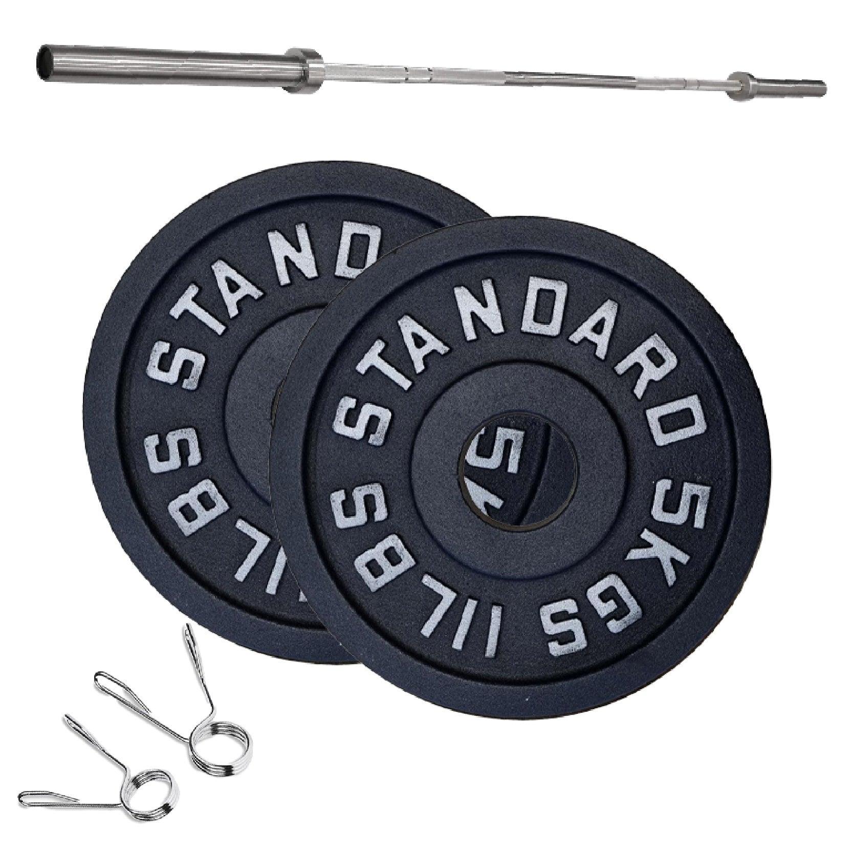 Cast Iron Weight Plates Set and Pair with Olympic Barbell + Clips