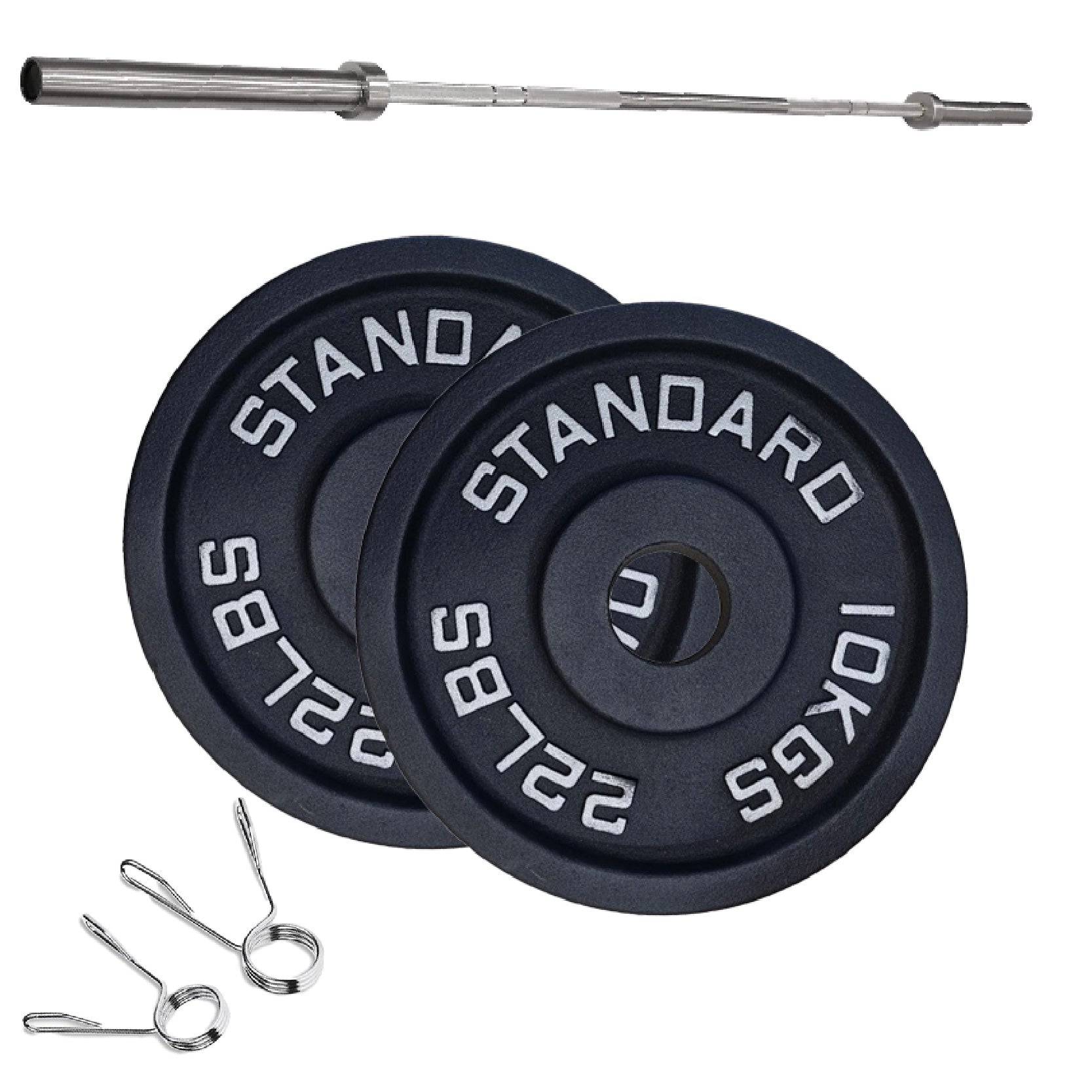 Cast Iron Weight Plates Set and Pair with Olympic Barbell + Clips