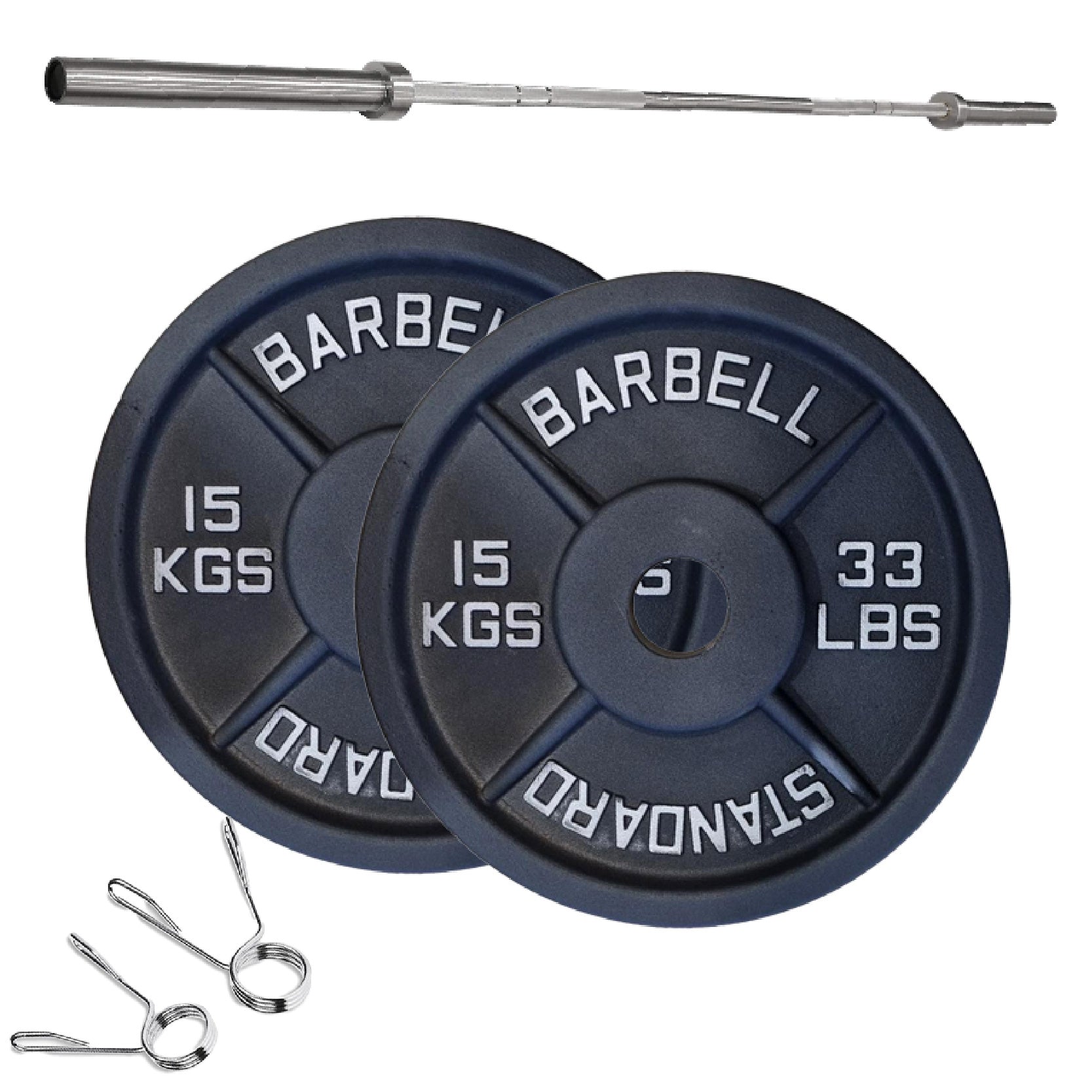 Cast Iron Weight Plates Set and Pair with Olympic Barbell + Clips