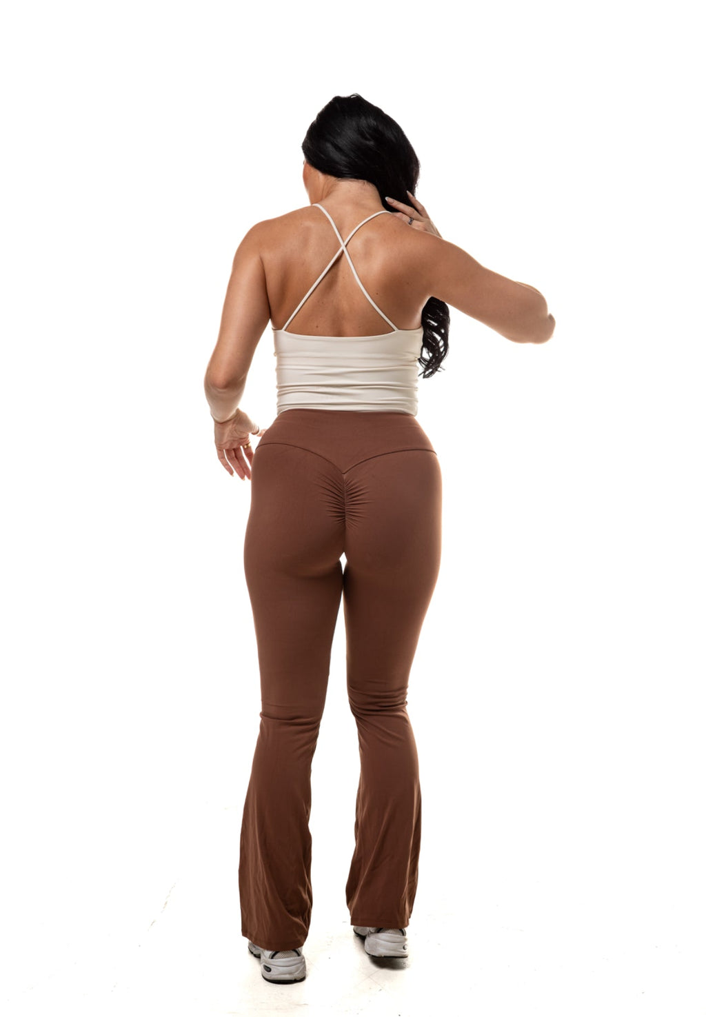 Mix And Match Beige Cross Top & Hot chocolate Scrunch Yoga Pants