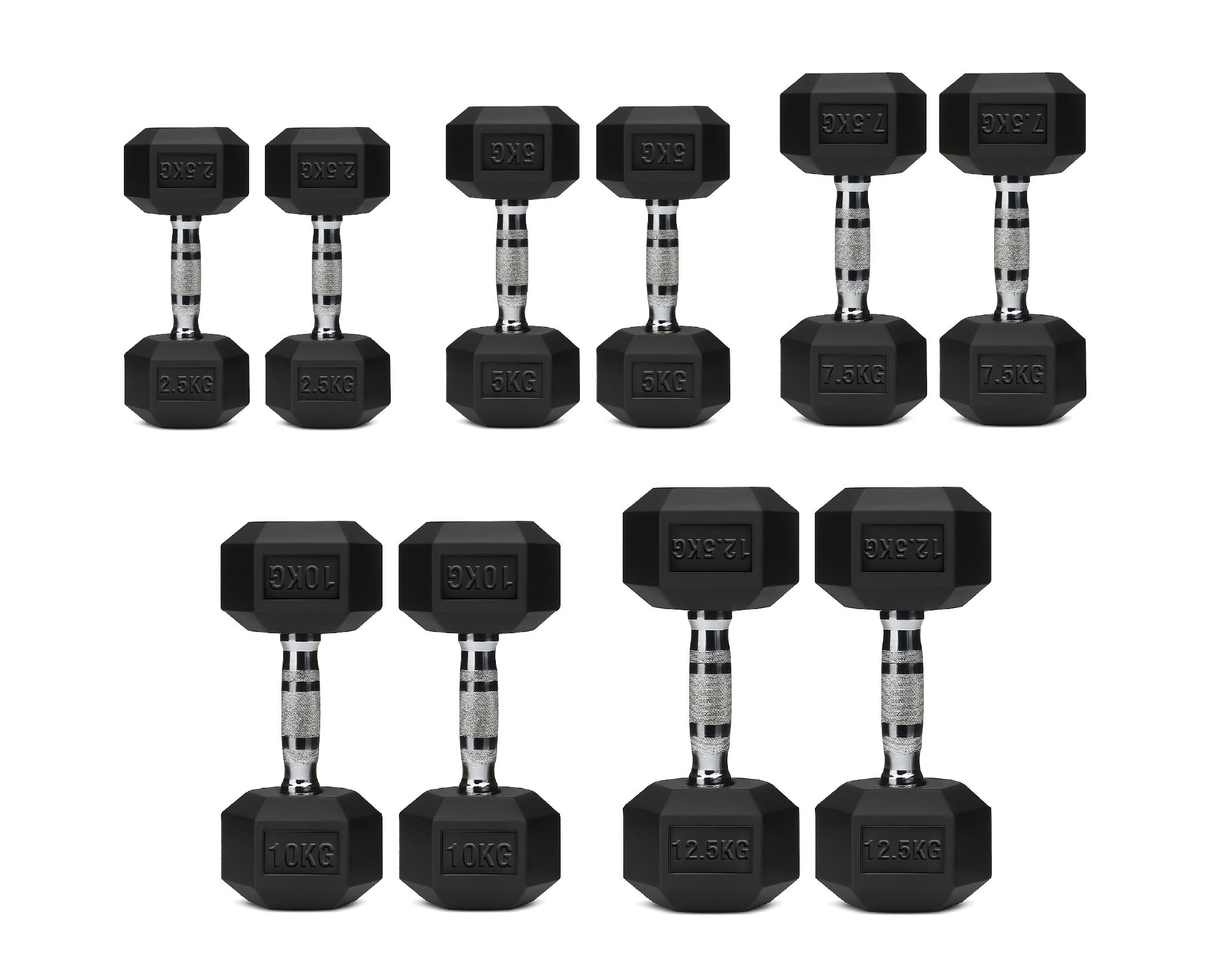 Hex Dumbbells Pair – Rubber-Coated Cast Iron – 2.5kg to 60kg – Premium Gym Weights