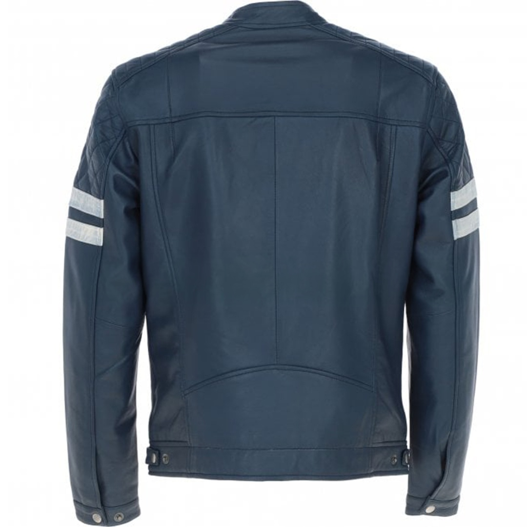 Men's Leather Motorcycle Jacket with Quilted Shoulder & White Stripes | Blue & Black - The Rising Fenix