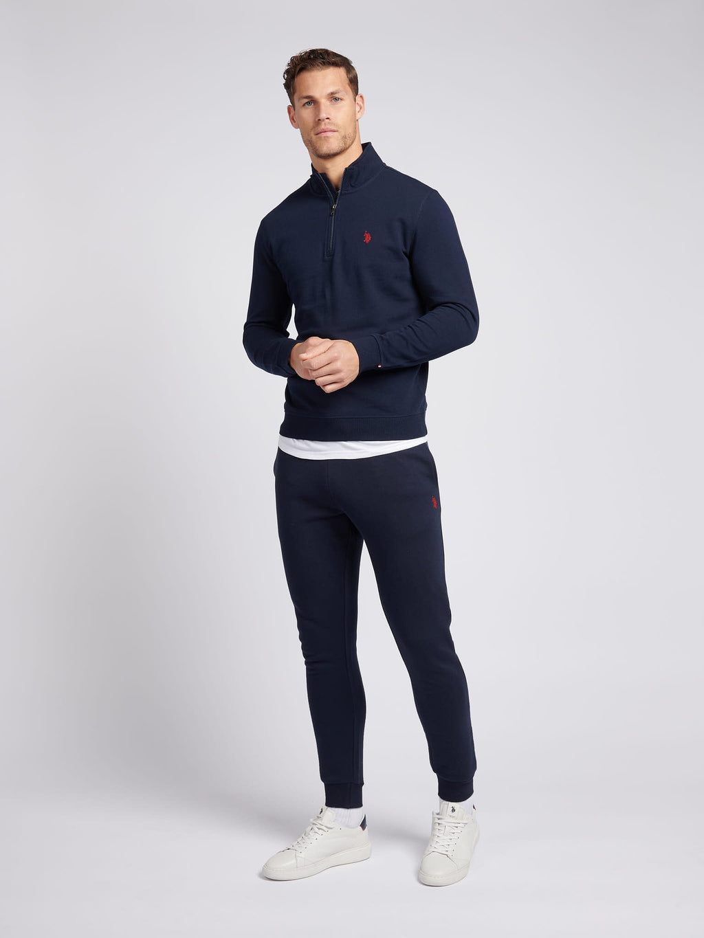 Mens 1/4 Zip Sweatshirt Dark Sapphire Navy / Haute Red DHM