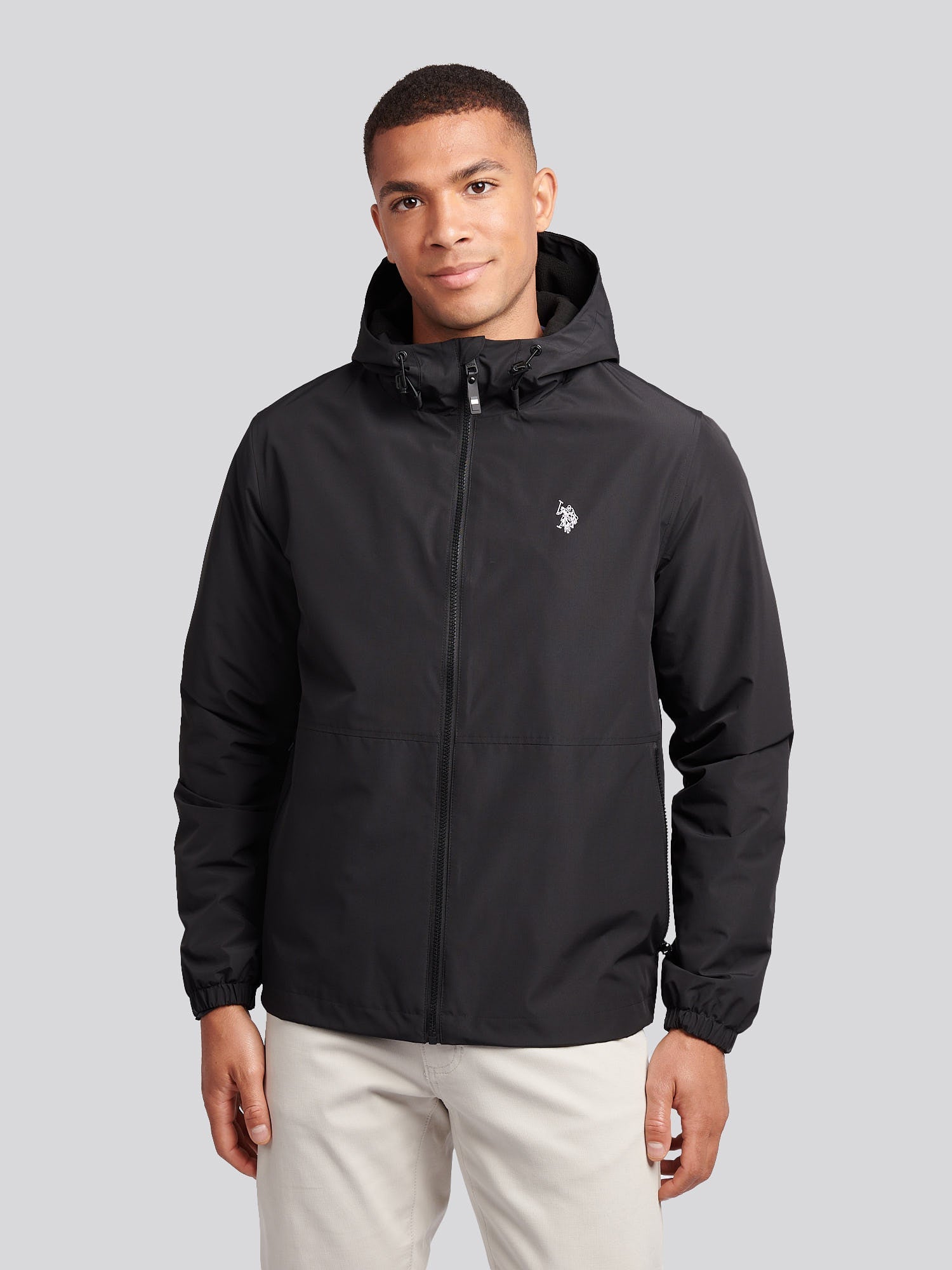 Mens Fleece Lined Windbreaker Jacket in Black Bright White DHM