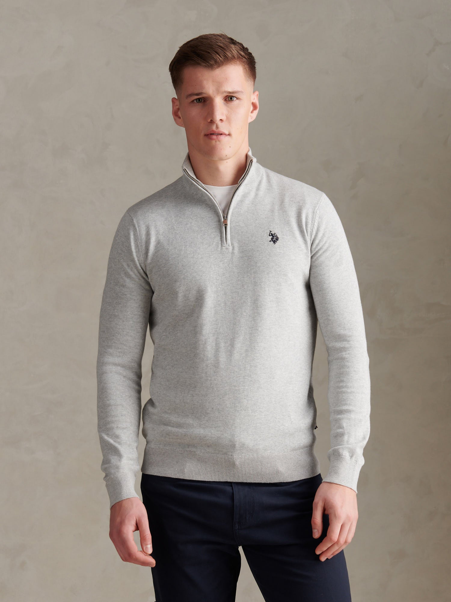 Mens Cotton Quarter Zip Funnel Jumper Mid Grey Marl