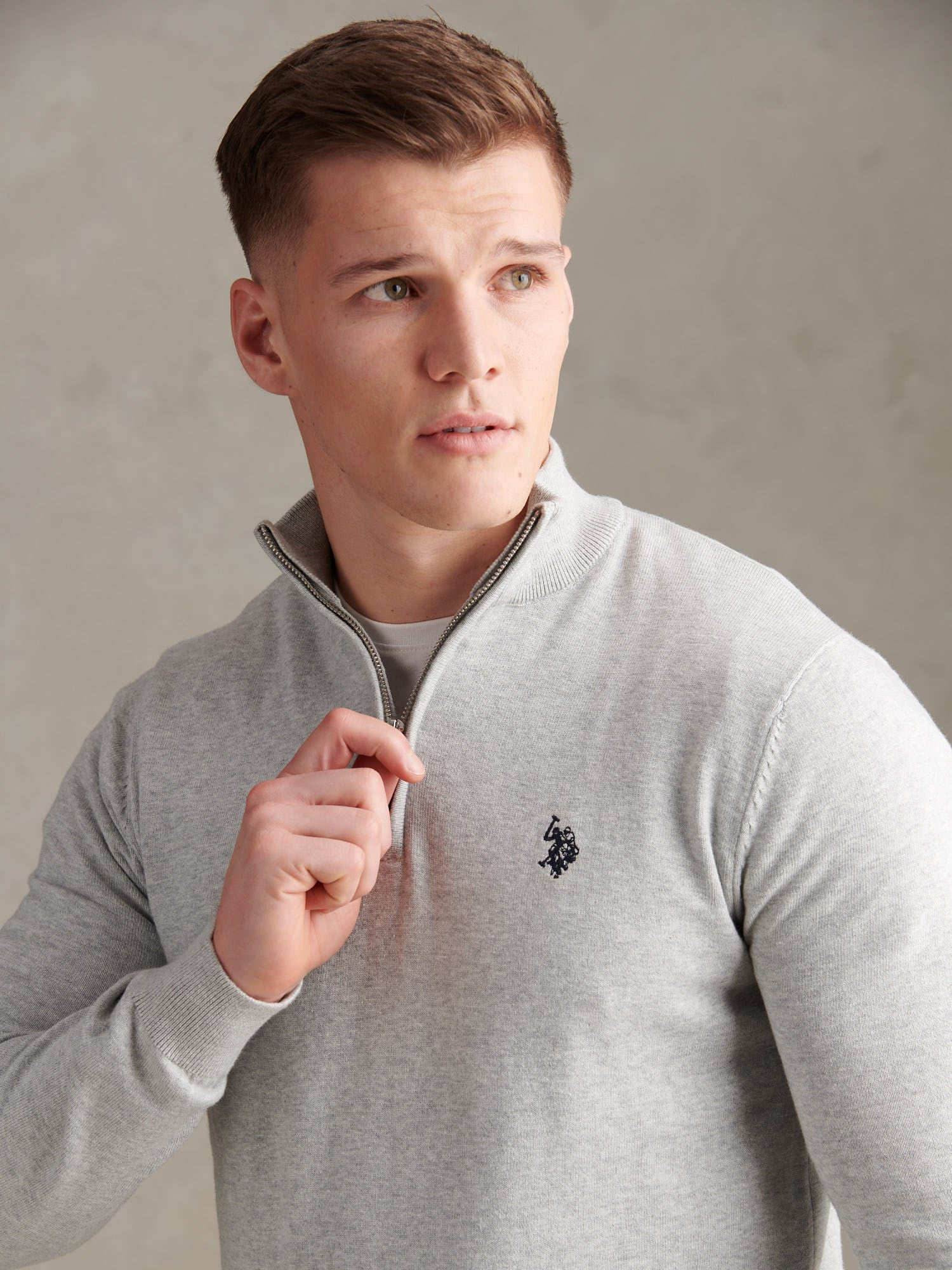 Mens Cotton Quarter Zip Funnel Jumper Mid Grey Marl