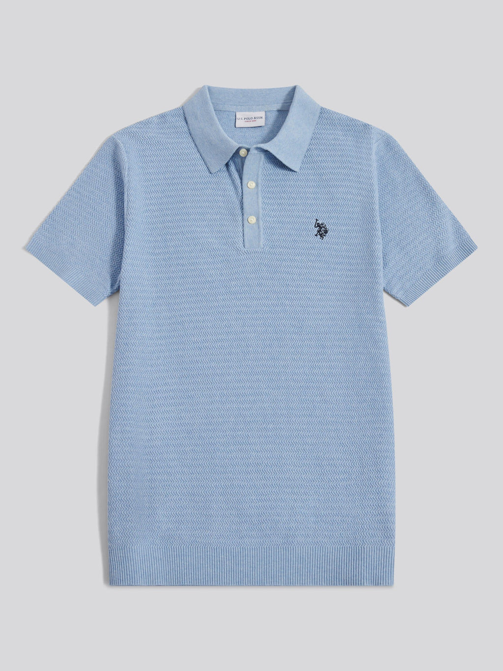 Mens Herringbone Texture Knit Polo Shirt Parisian Blue Marl