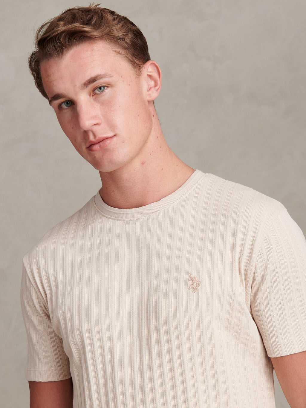 Mens Vertical Texture Loose Knit T-Shirt Beige