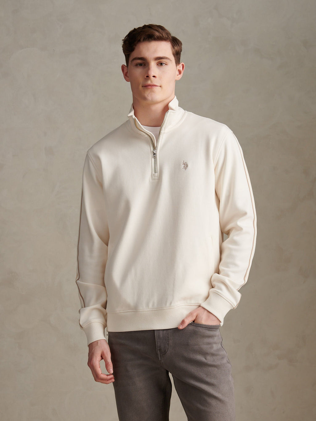 Mens Interlock Taped Funnel Sweatshirt Whisper White