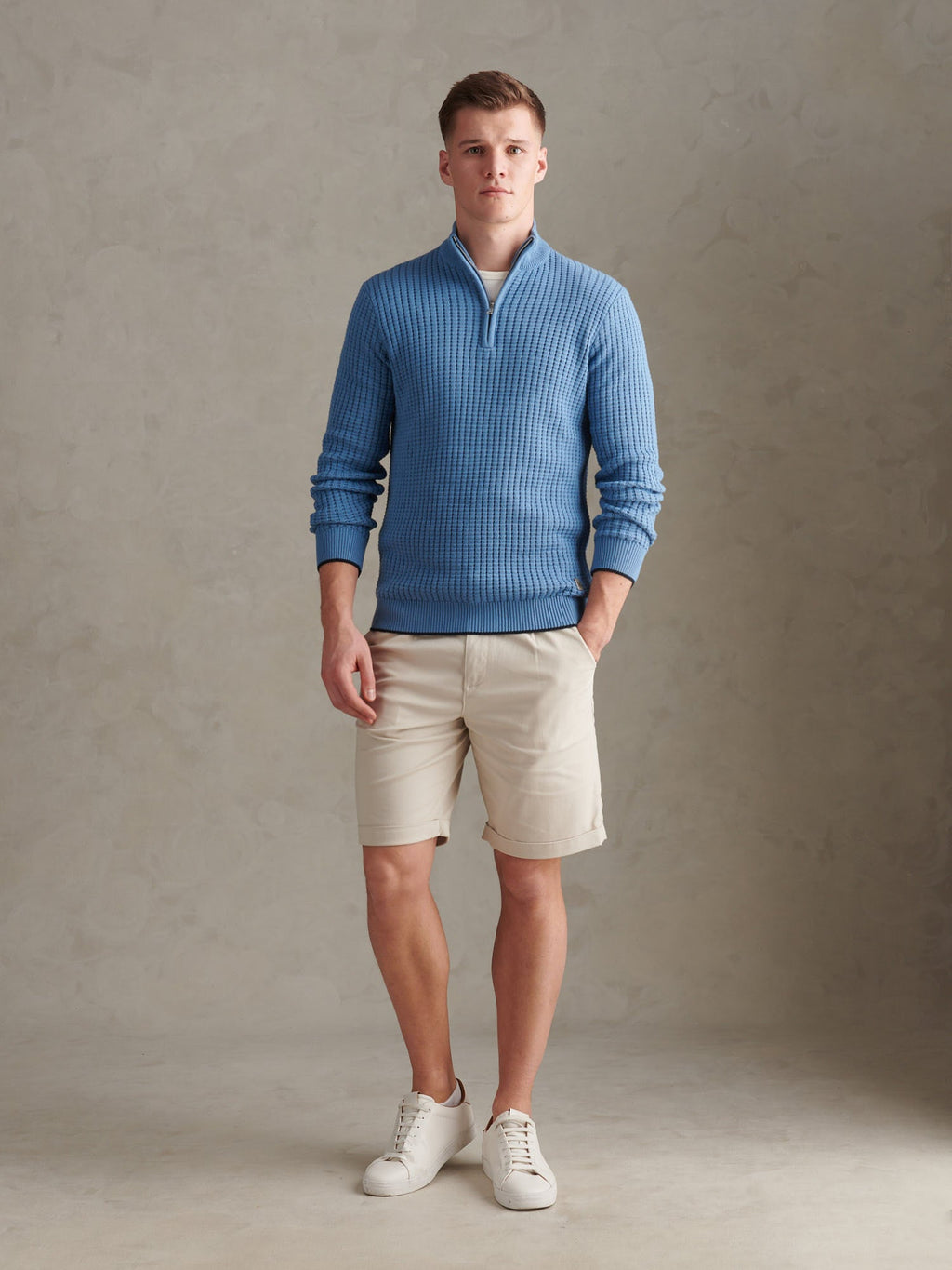 Mens Open Knit Quarter Zip Funnel Jumper Riviera
