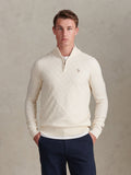 Mens Large Check Knit Quarter Zip Funnel Jumper Whisper White