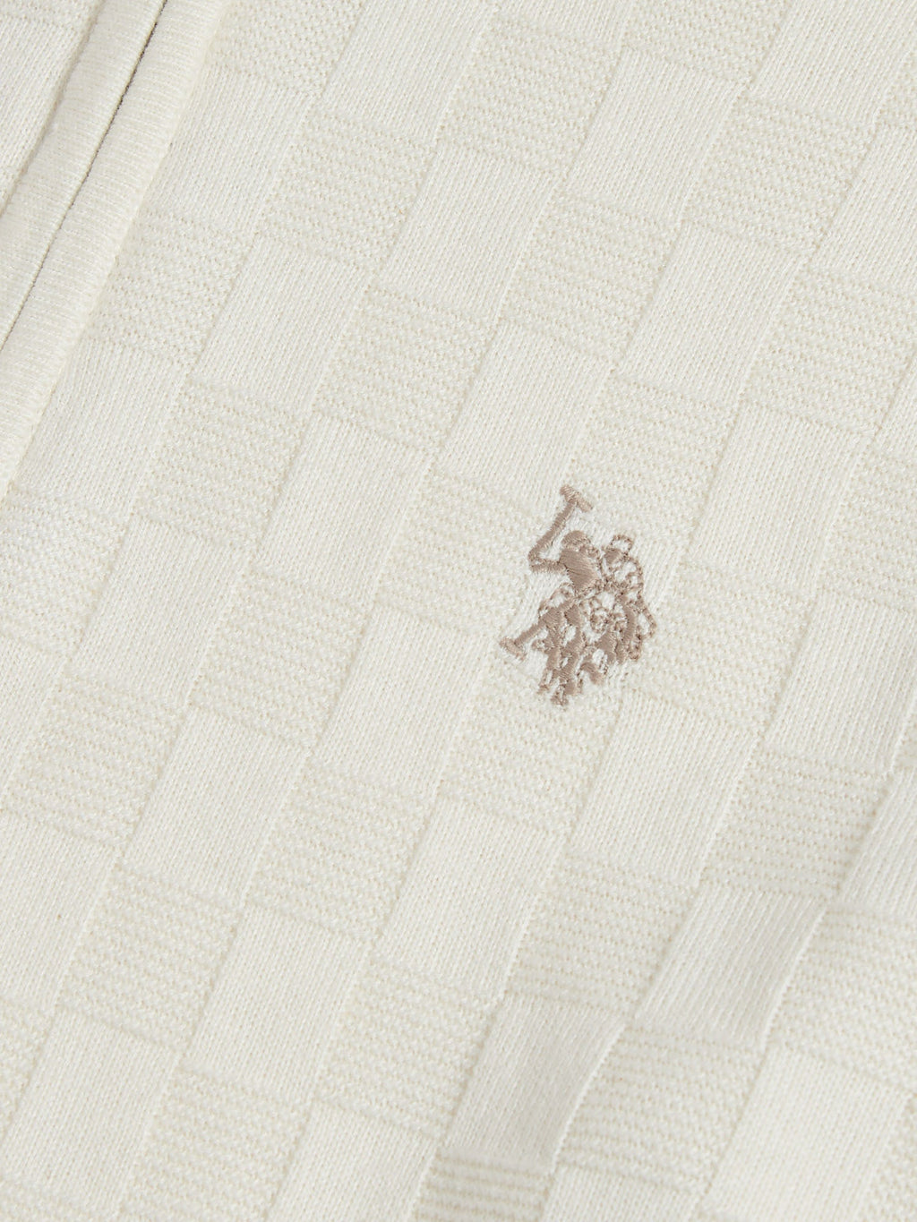 Mens Large Check Knit Quarter Zip Funnel Jumper Whisper White