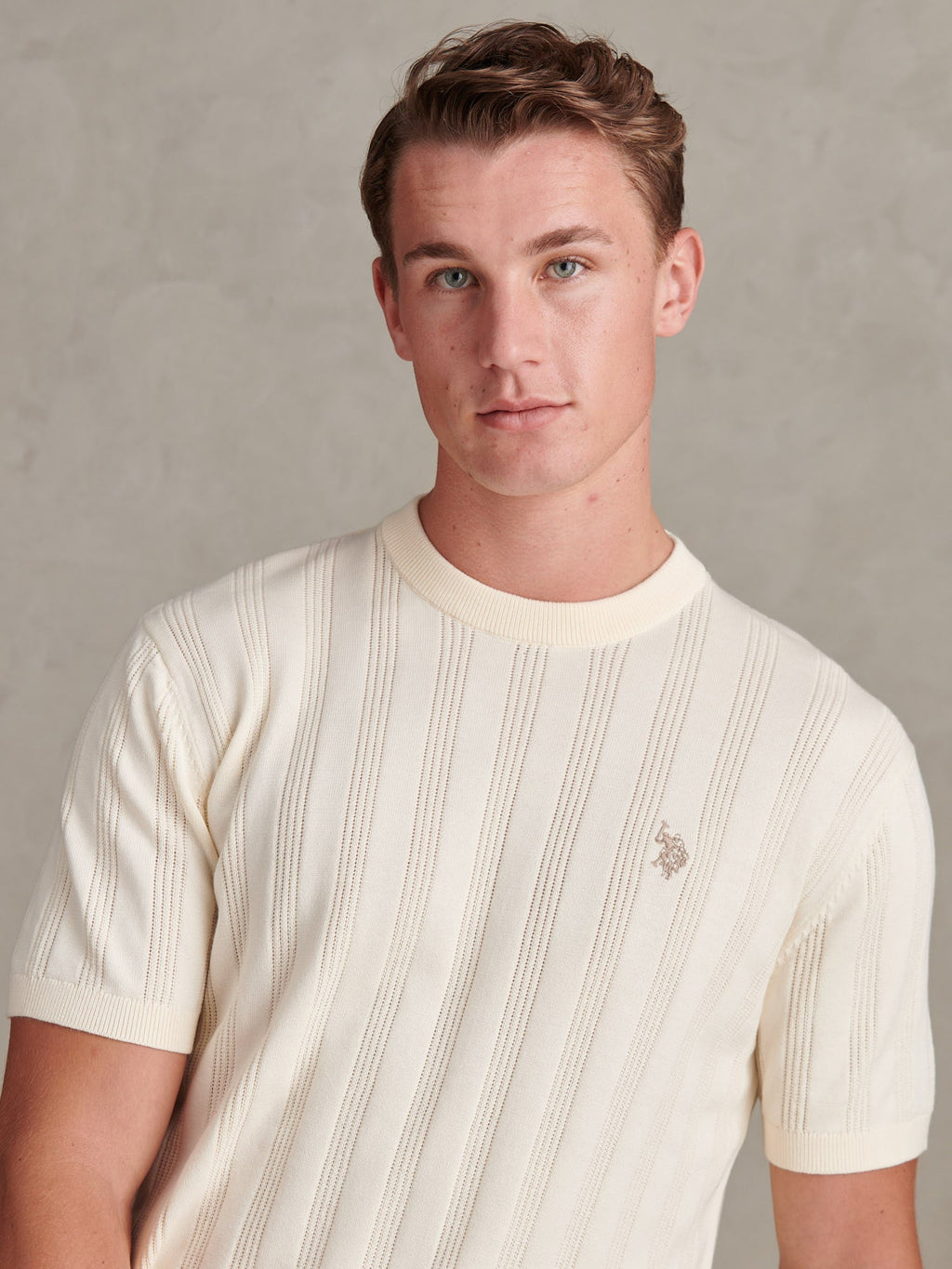 Mens Vertical Texture Knit T-Shirt Whisper White