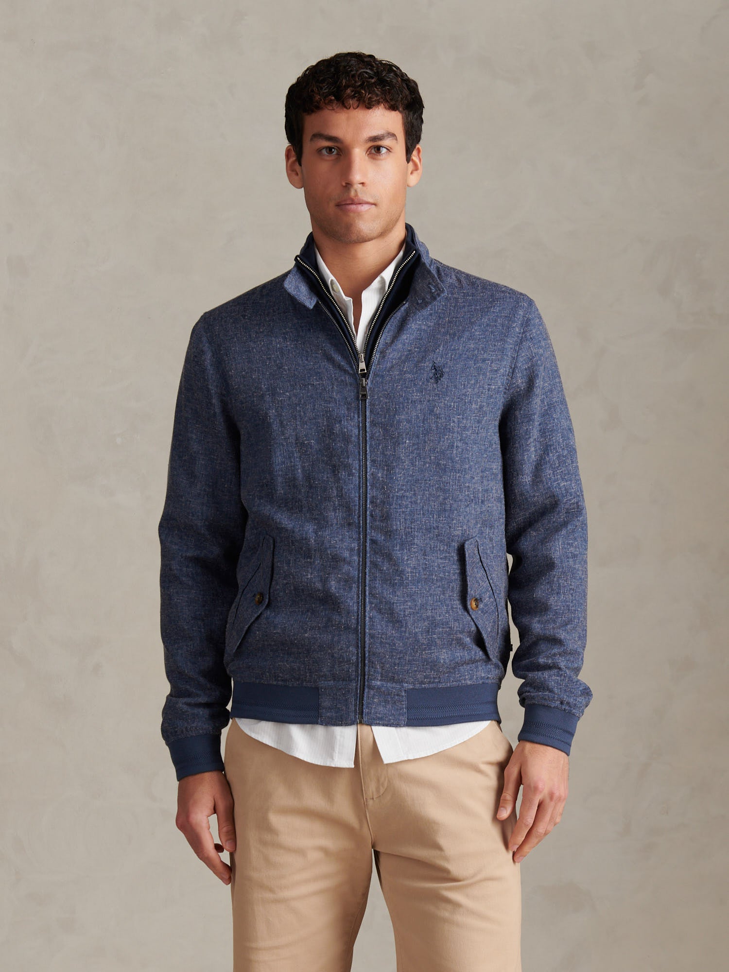 Mens Linen Blend Harrington Jacket Dark Sapphire Navy / Moonlight Blue DHM