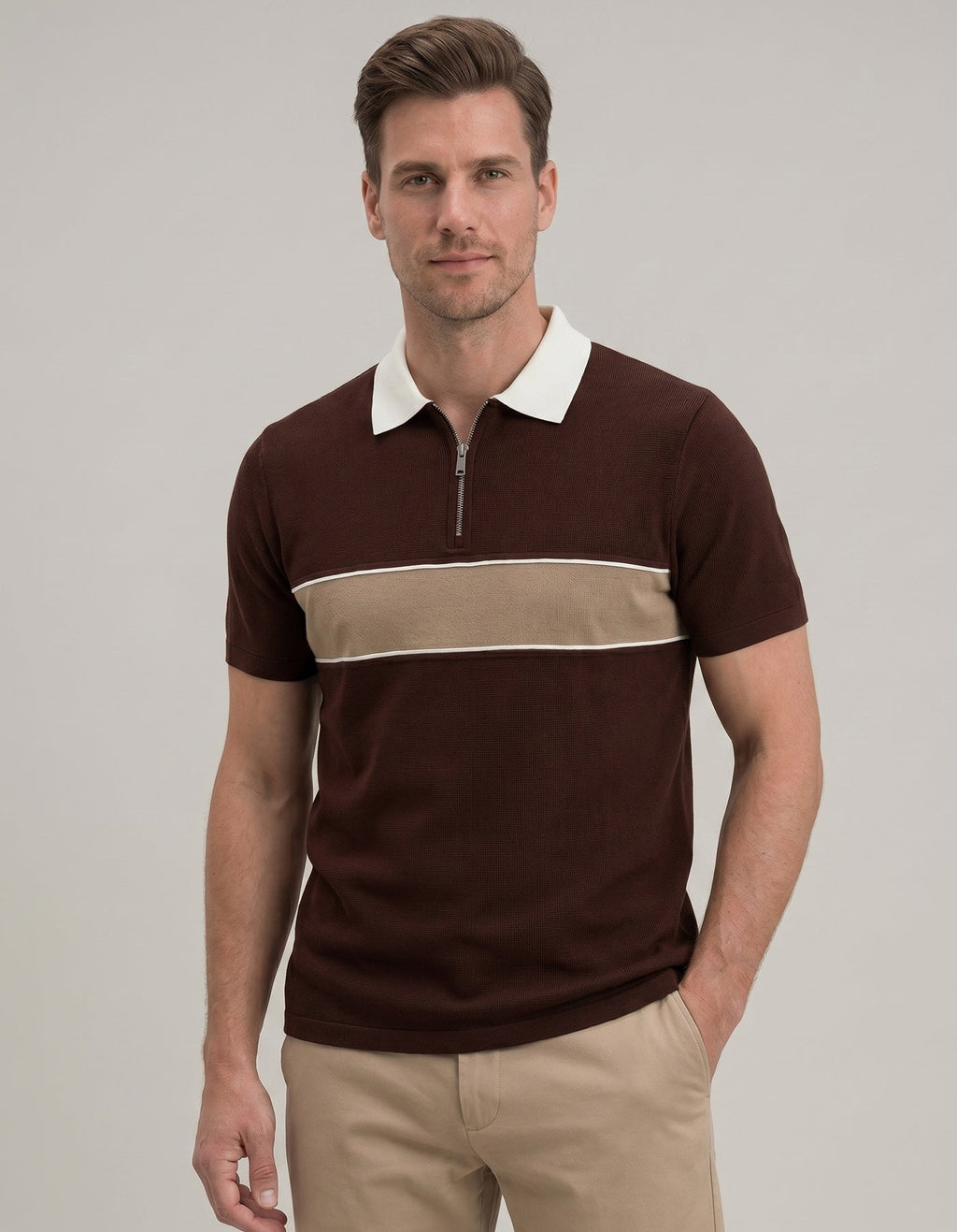 Brown Zip Neck Polo Shirt