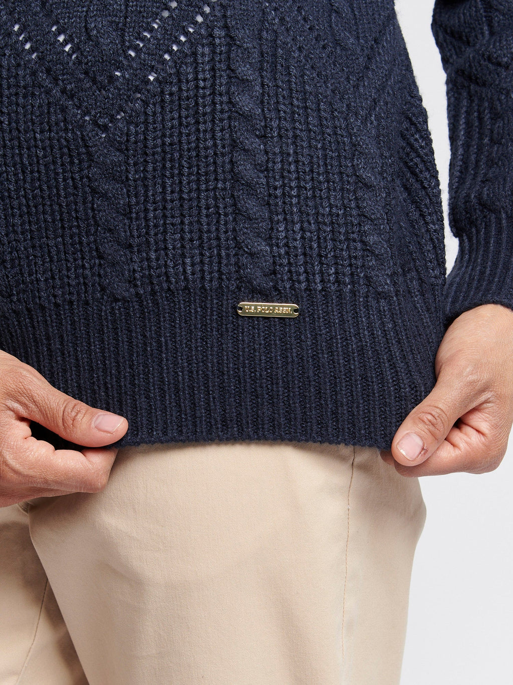 Womens Cable Argyle Mock Neck Jumper in Navy Iris