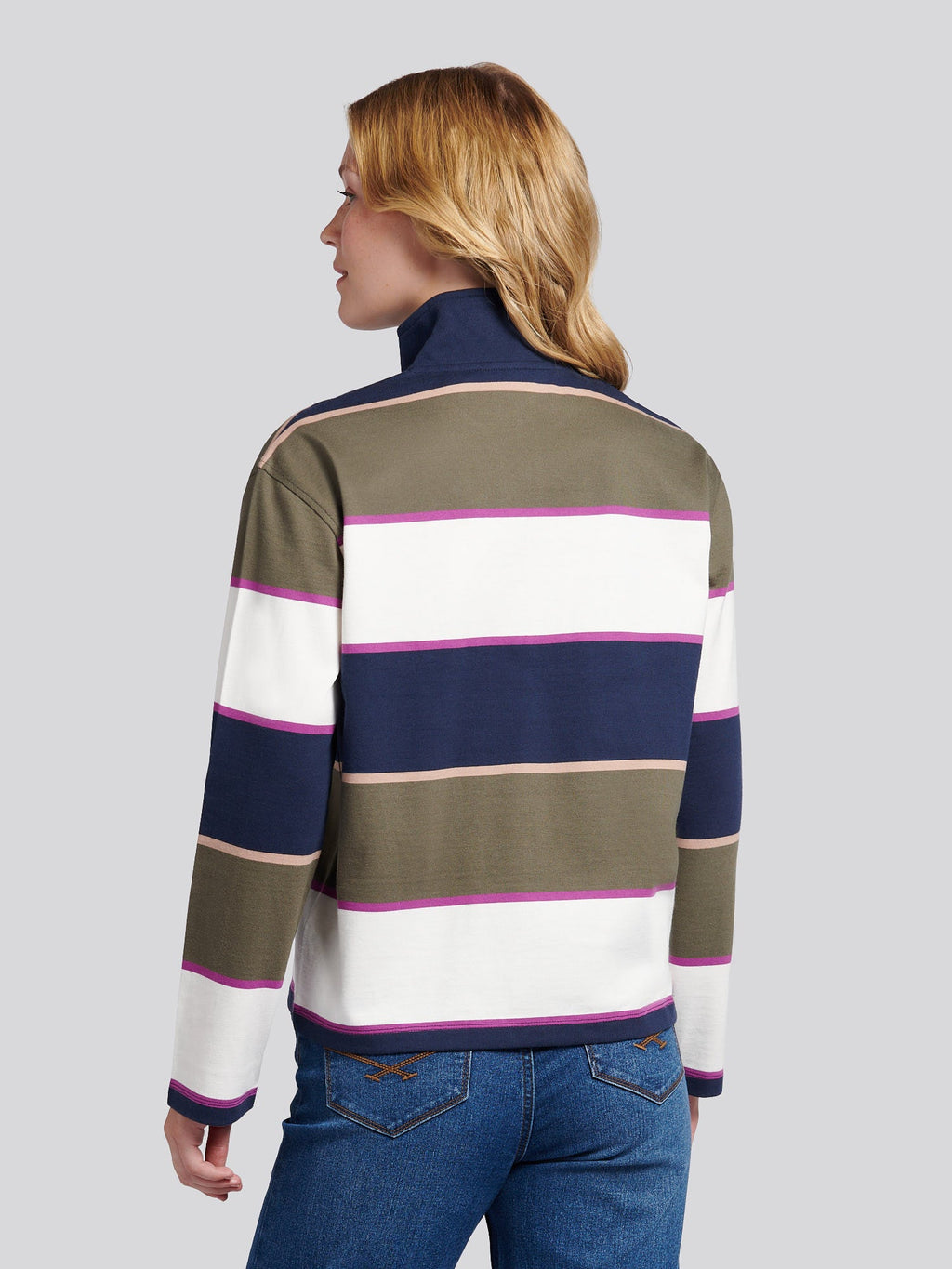 Womens Large Stripe Funnel Neck Rugby Shirt in Kalamata Green
