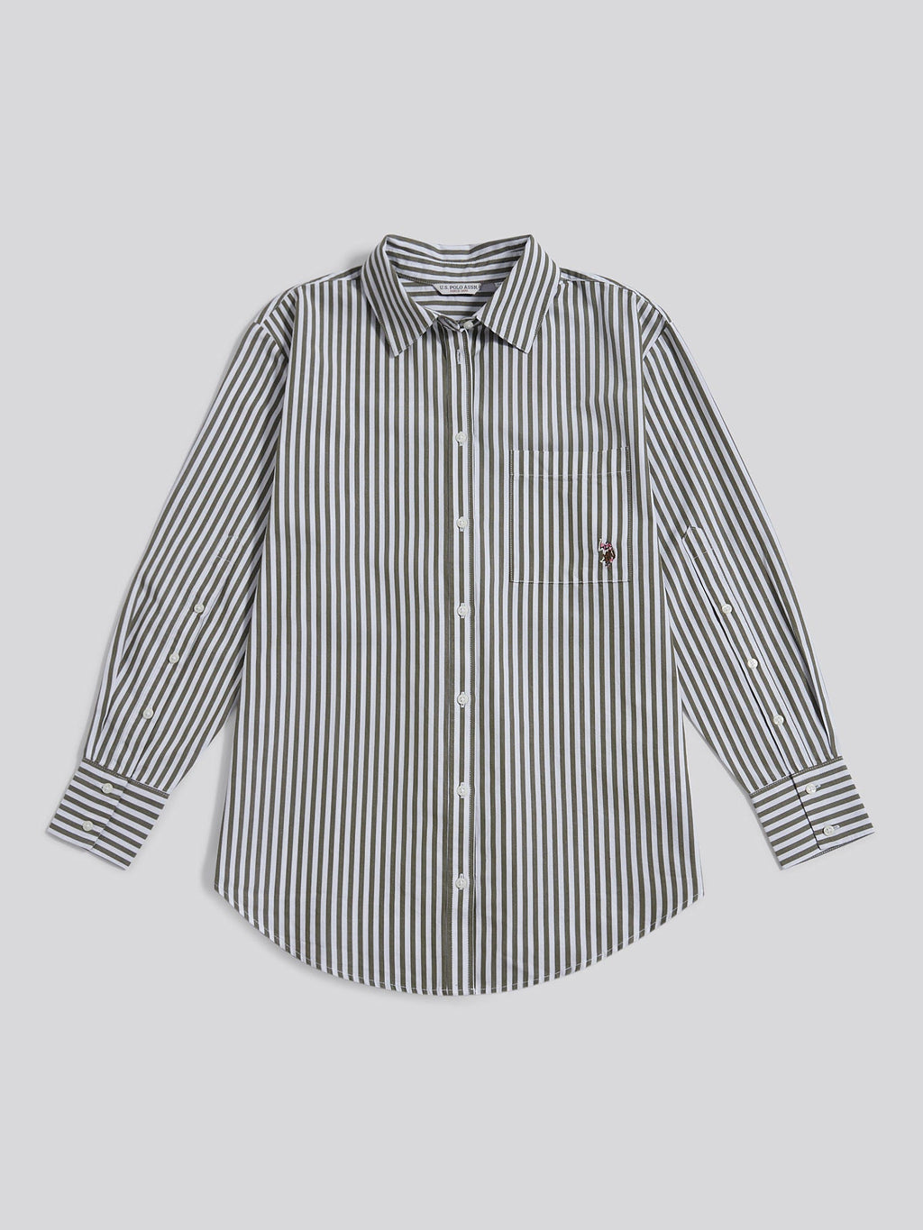 Womens Cotton Poplin Loose Fit Stripe Shirt in Kalamata Green