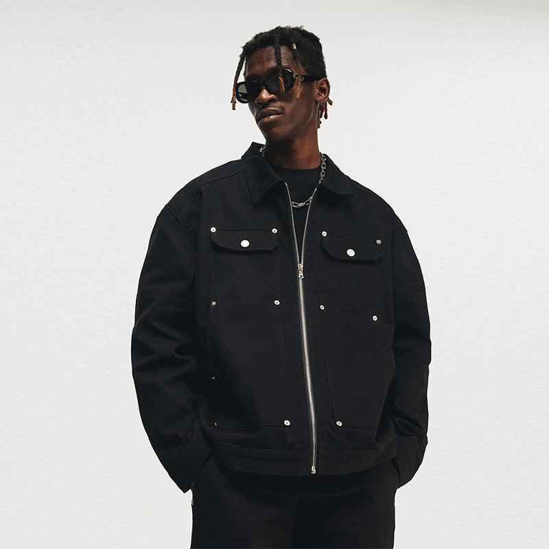 Men's Black Washed Denim Jacket with Zipper and Pocket Detailing - Retro Streetwear Style