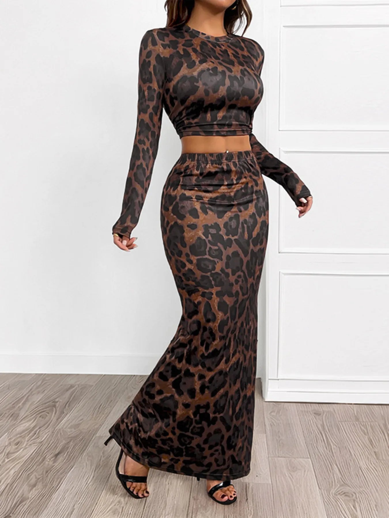 Leopard Round Neck Top and Skirt Set