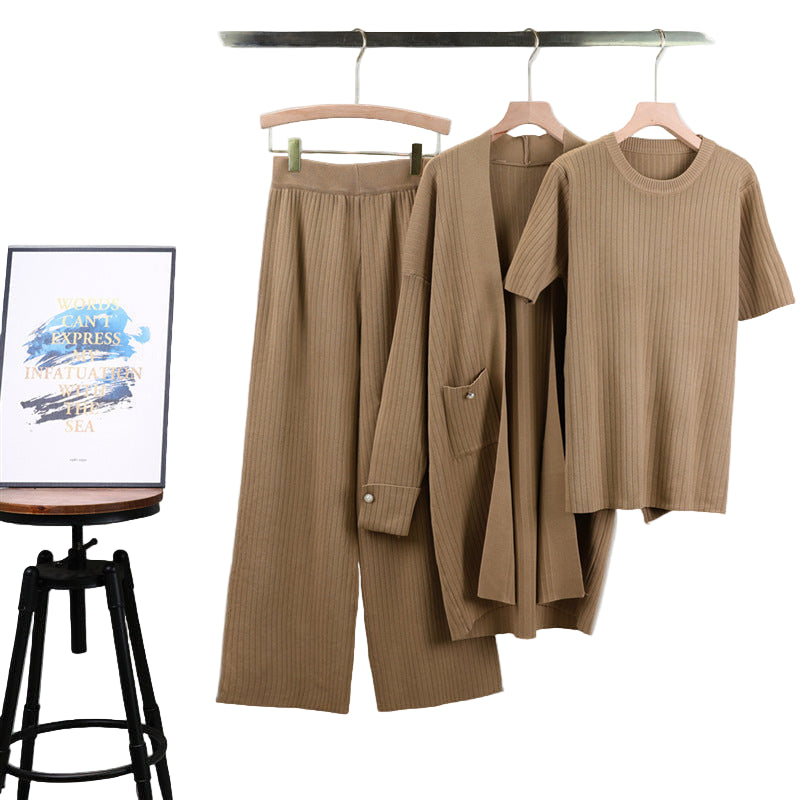 Elegant Knitted Mid-length Cardigan Coat Wide Leg Pants Three-piece Set