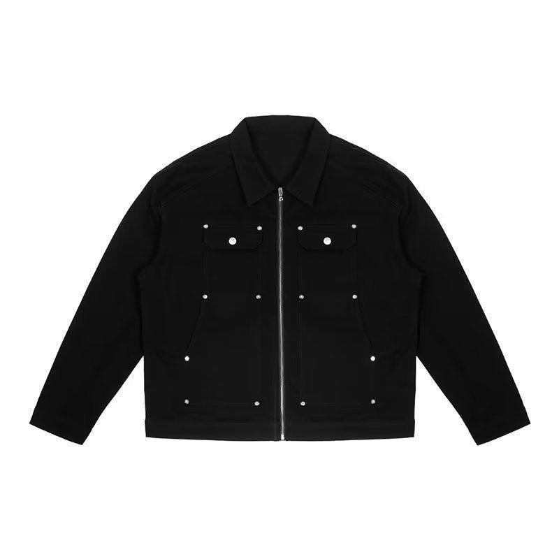 Men's Black Washed Denim Jacket with Zipper and Pocket Detailing - Retro Streetwear Style - The Rising Fenix