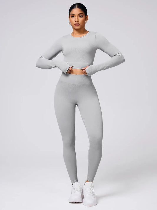 Back Crisscross Round Neck Long Sleeve Top and Leggings Active Set