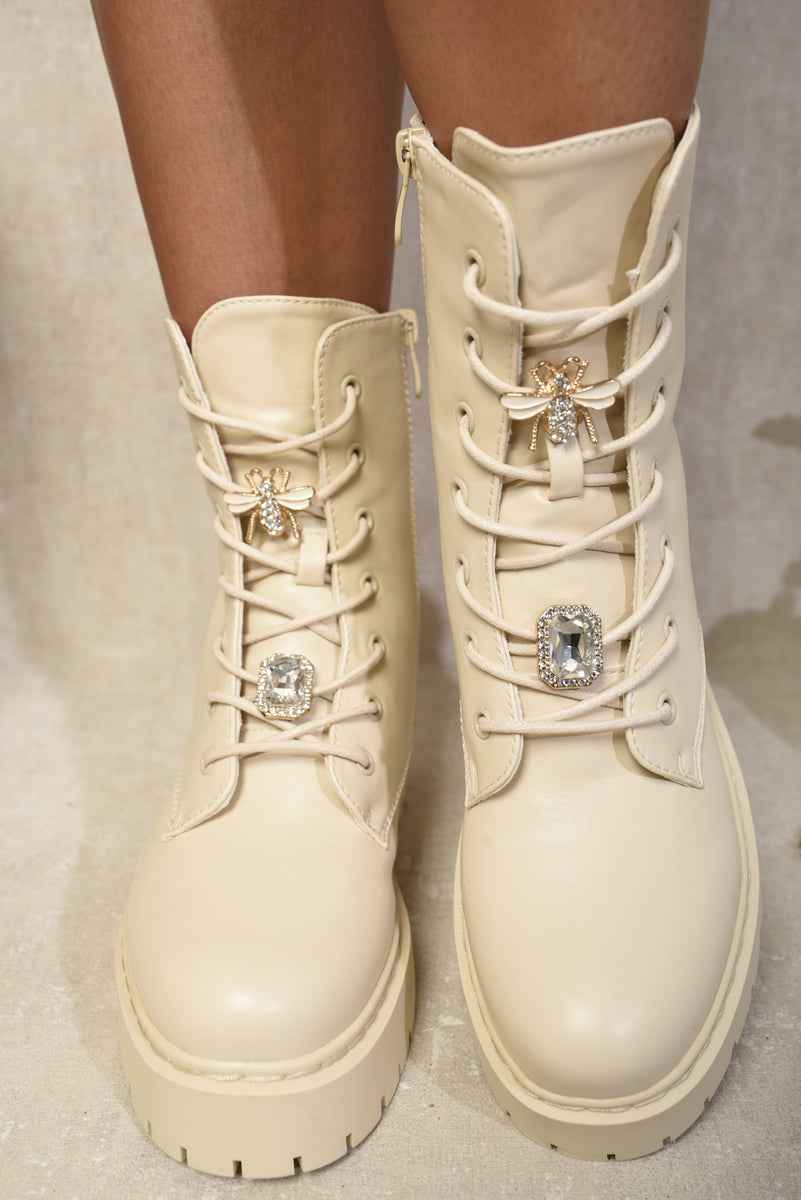 Zip Lace Up Chunky Biker Boots with Decor Details