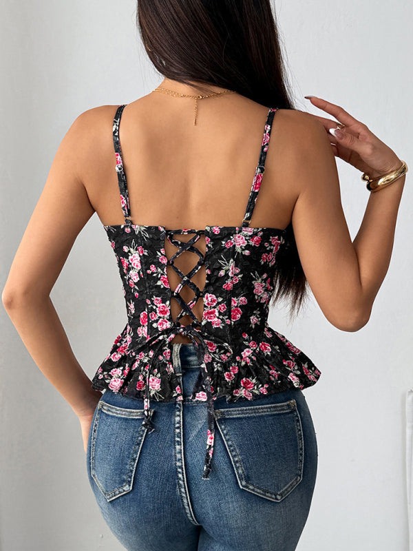 Women’s Black Floral Ruffled Backless Lace-Up Top Light & Sexy Summer Style