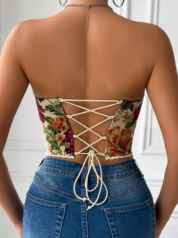 Women’s Street Retro Floral Lace-Up Corset Vest – French Niche Fishbone Bustier Top