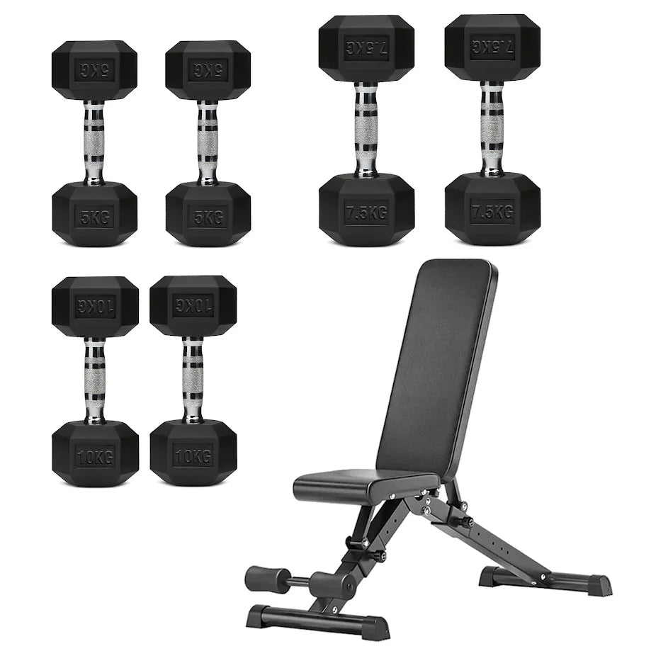 Hex Dumbbell Set with 3-Tier Tree Rack & Optional Bench – Rubber Coated Anti-Roll Weights for Home Gym