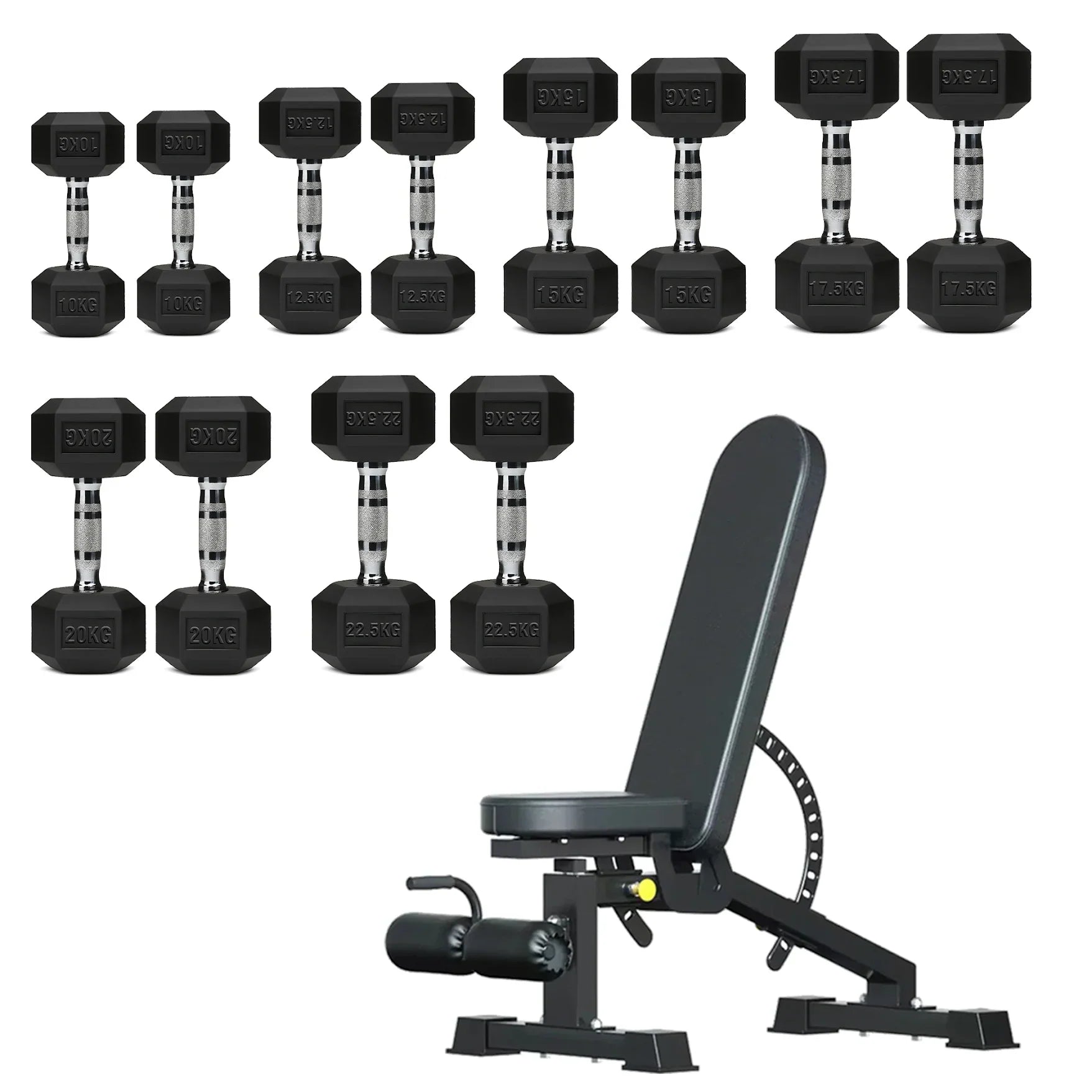 Hex Dumbbells 6 Tier Rack with or without Weights & Bench – Vertical Dumbbell Storage Stand for Home Gym (2.5kg–30kg)
