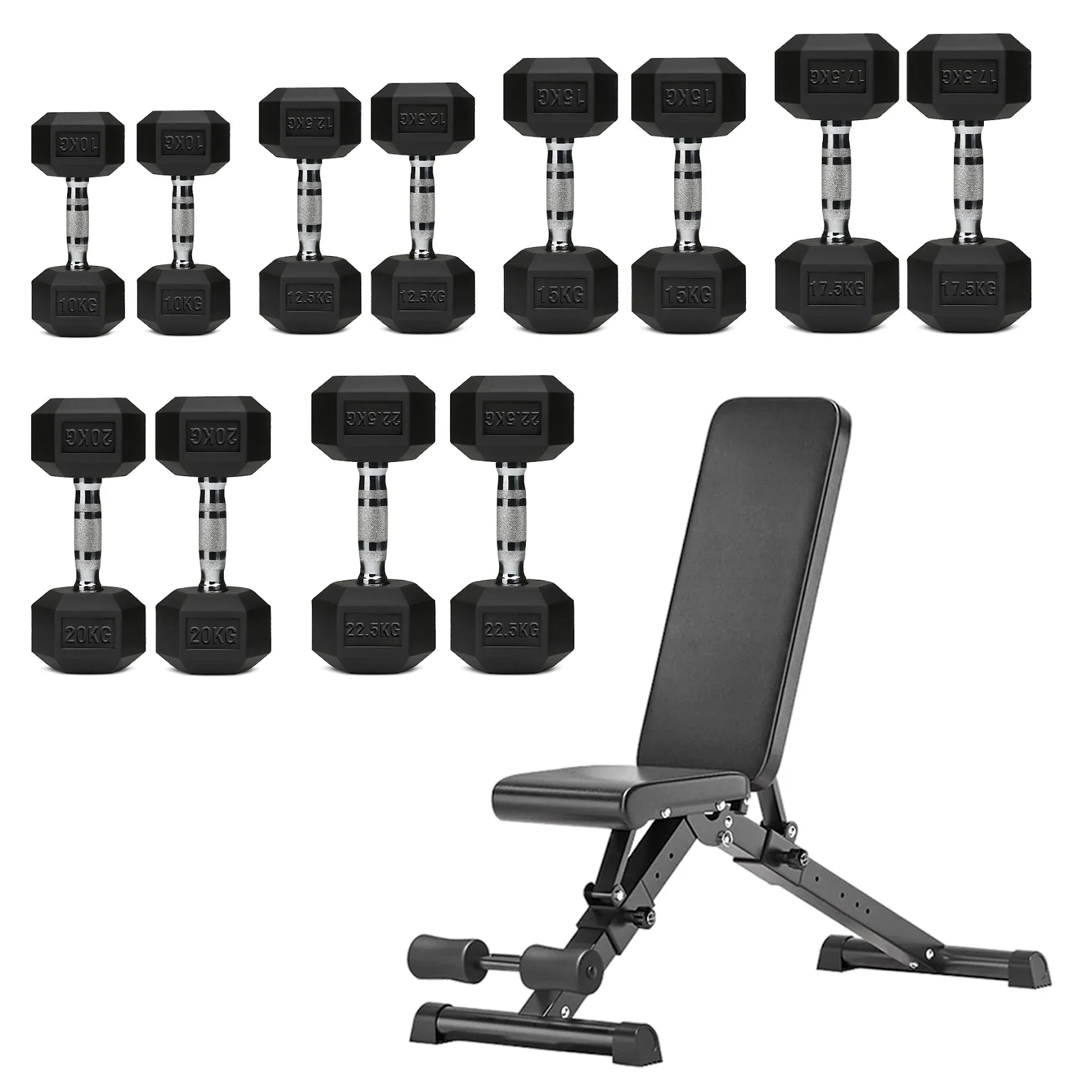 Hex Dumbbells 6 Tier Rack with or without Weights & Bench – Vertical Dumbbell Storage Stand for Home Gym (2.5kg–30kg)