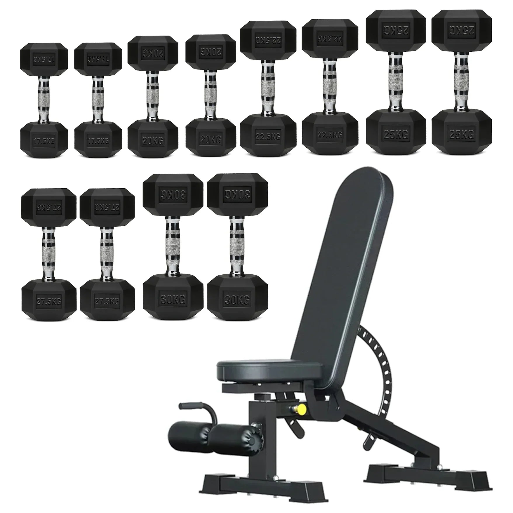 Hex Dumbbells 6 Tier Rack with or without Weights & Bench – Vertical Dumbbell Storage Stand for Home Gym (2.5kg–30kg)