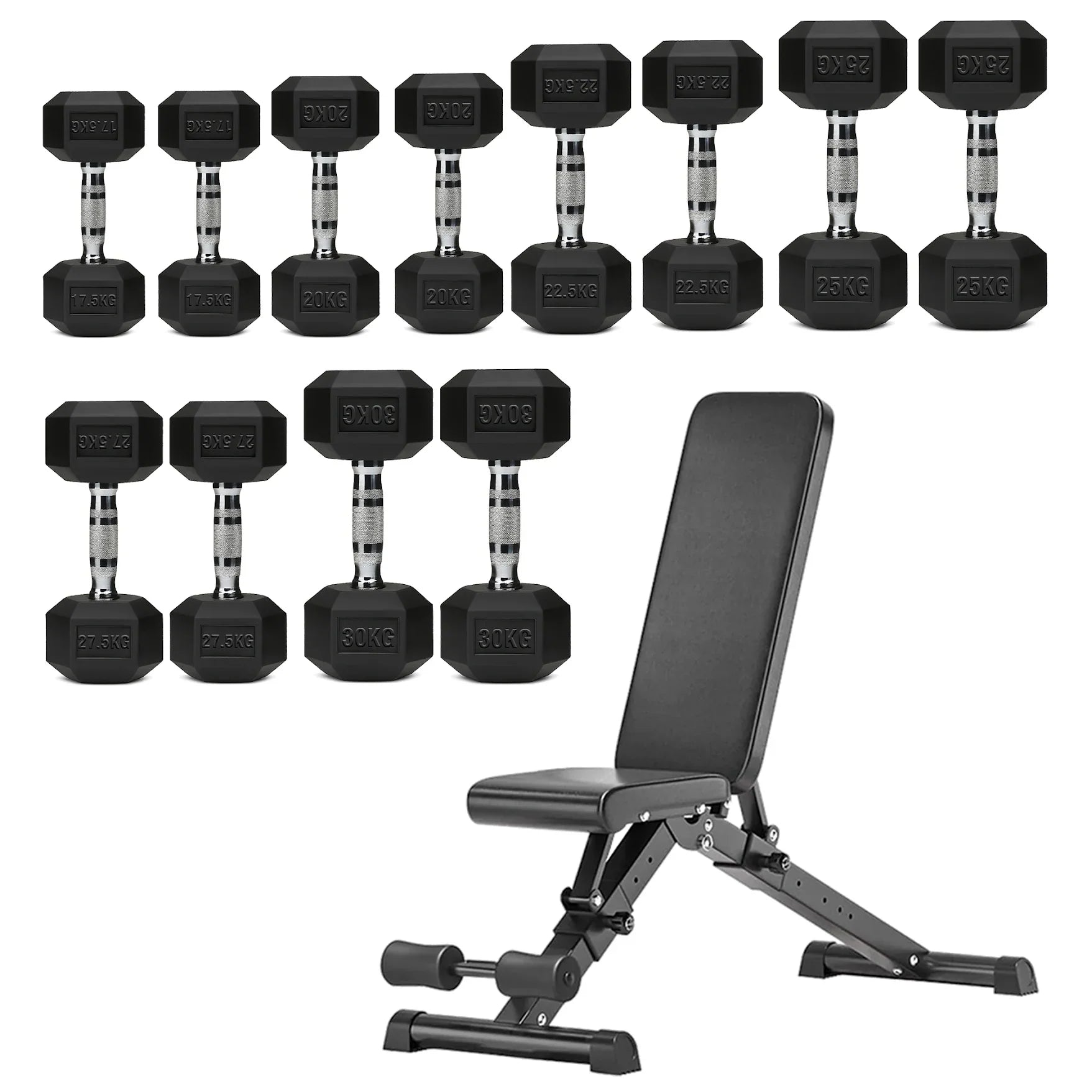 Hex Dumbbells 6 Tier Rack with or without Weights & Bench – Vertical Dumbbell Storage Stand for Home Gym (2.5kg–30kg)