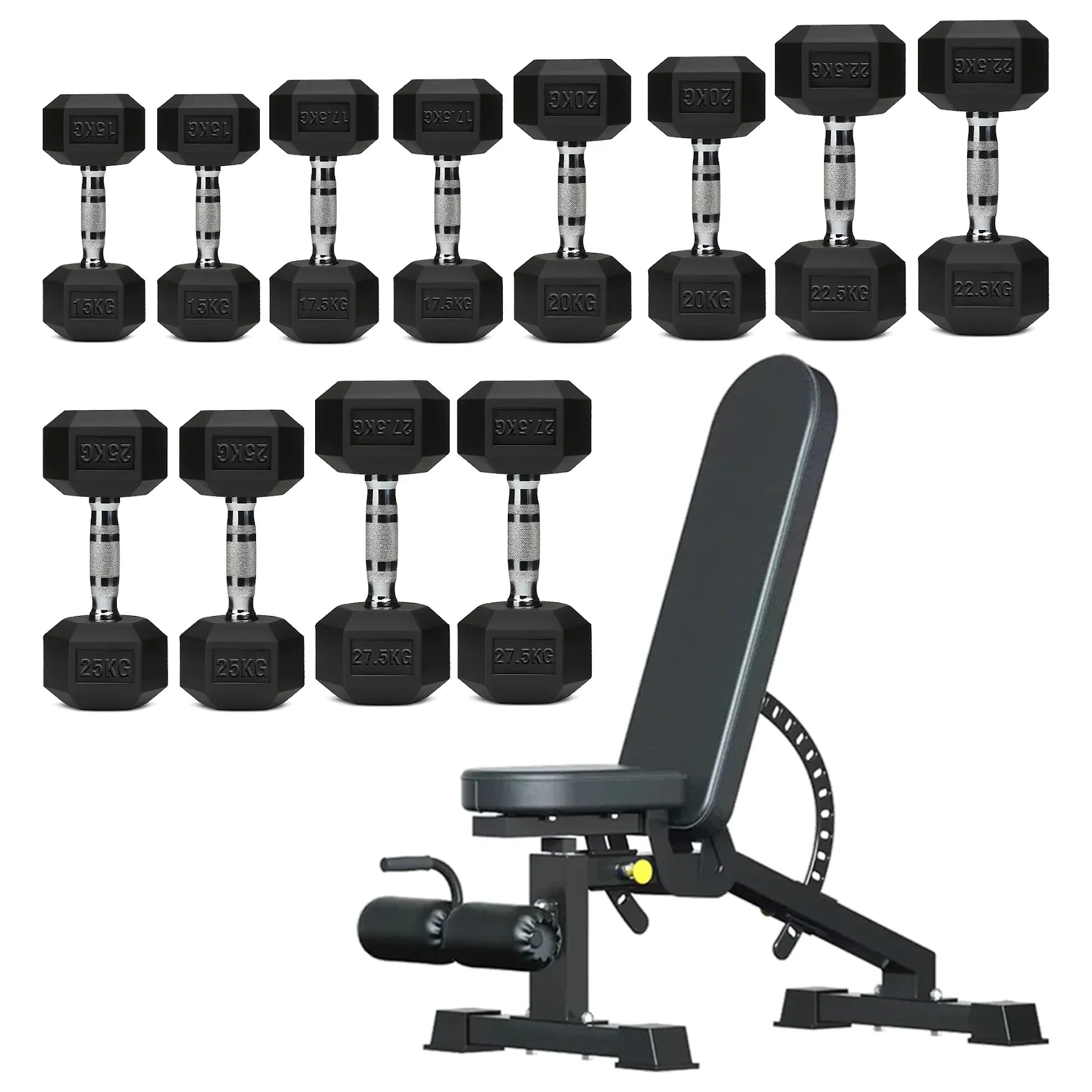 Hex Dumbbells 6 Tier Rack with or without Weights & Bench – Vertical Dumbbell Storage Stand for Home Gym (2.5kg–30kg)