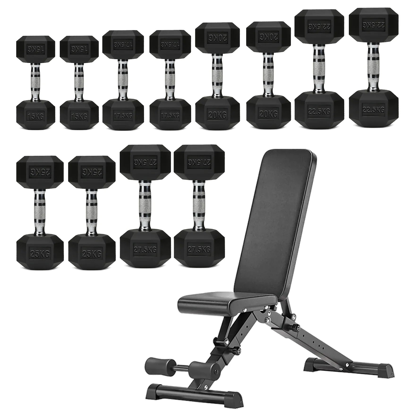 Hex Dumbbells 6 Tier Rack with or without Weights & Bench – Vertical Dumbbell Storage Stand for Home Gym (2.5kg–30kg)